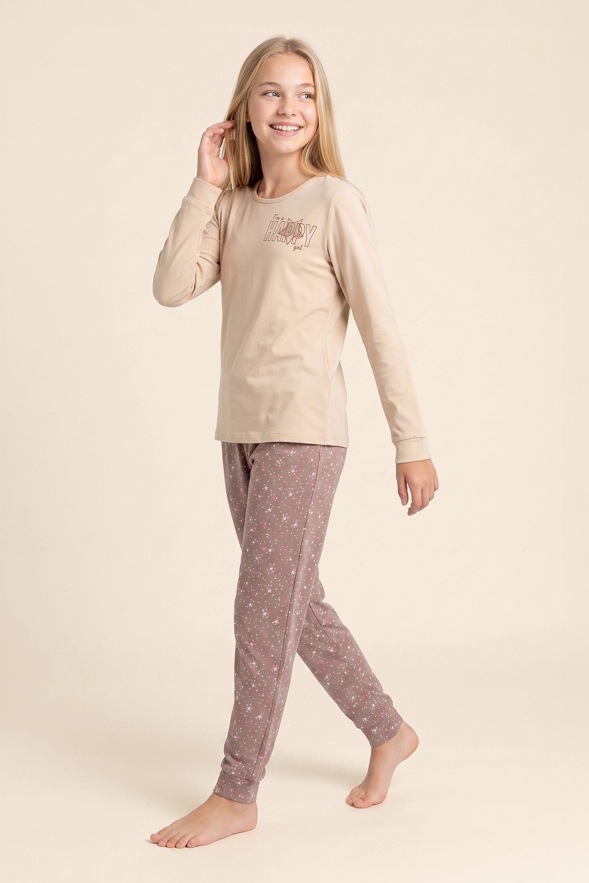 Genç Kız Çocuk Pamuklu Bisiklet Yaka Baskılı Uzun Kollu Pijama Takımı 9288 BEJ