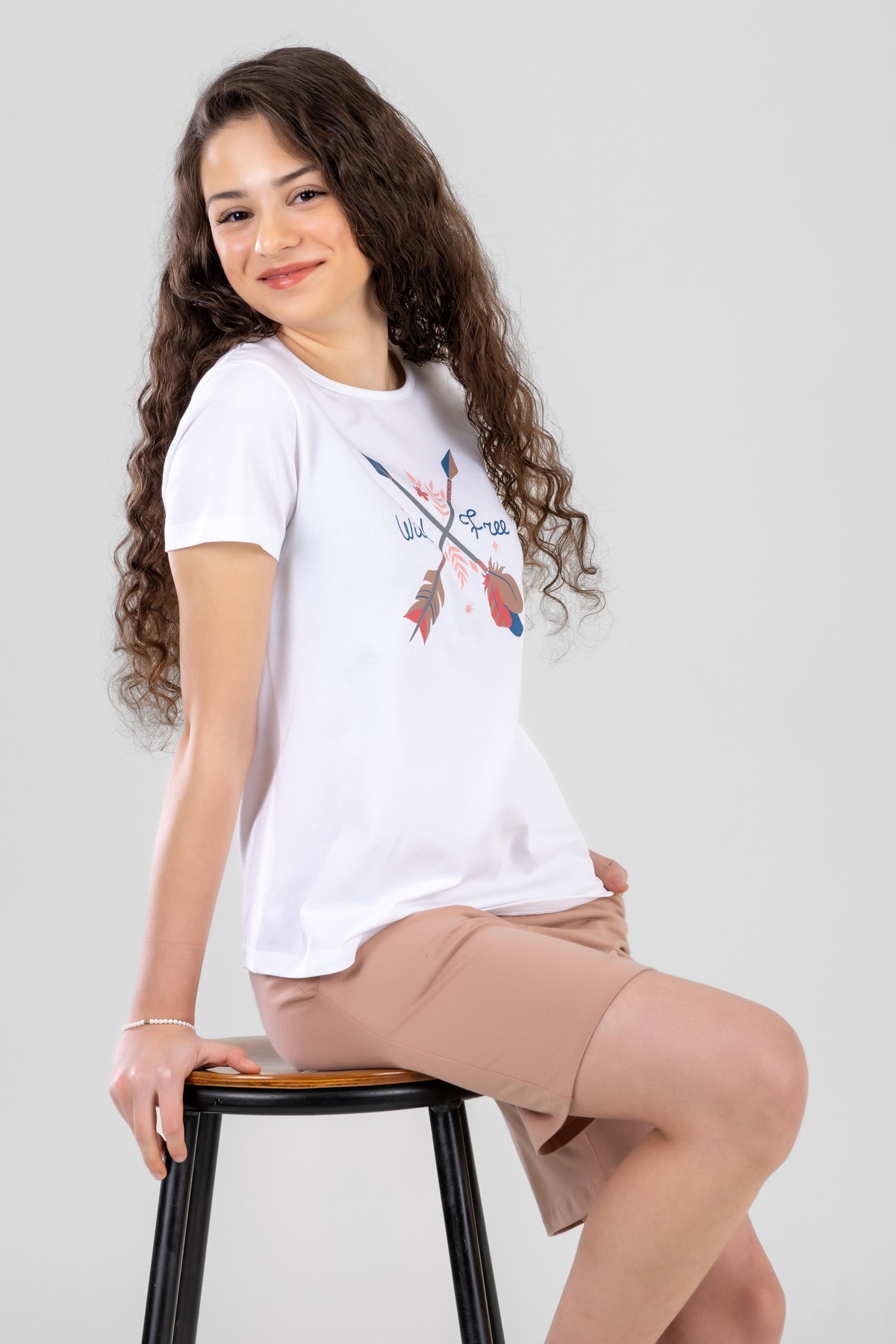 Genç Kız Çocuk Pamuklu Bisiklet Yaka Kısa Kollu Baskılı Şortlu Pijama Takımı 9245 Beyaz