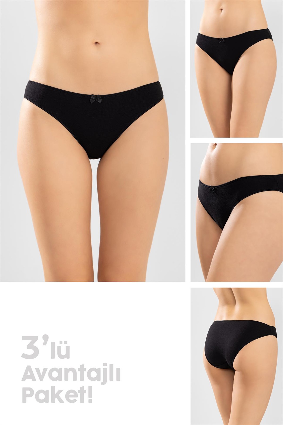 Kadın Bikini Kesim Basic Pamuklu Külot 3'lü Paket Siyah