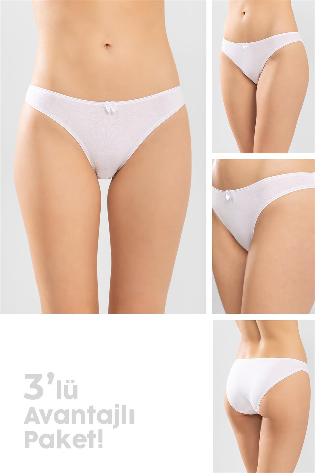 Kadın Bikini Kesim Basic Pamuklu Külot 3'lü Paket Beyaz