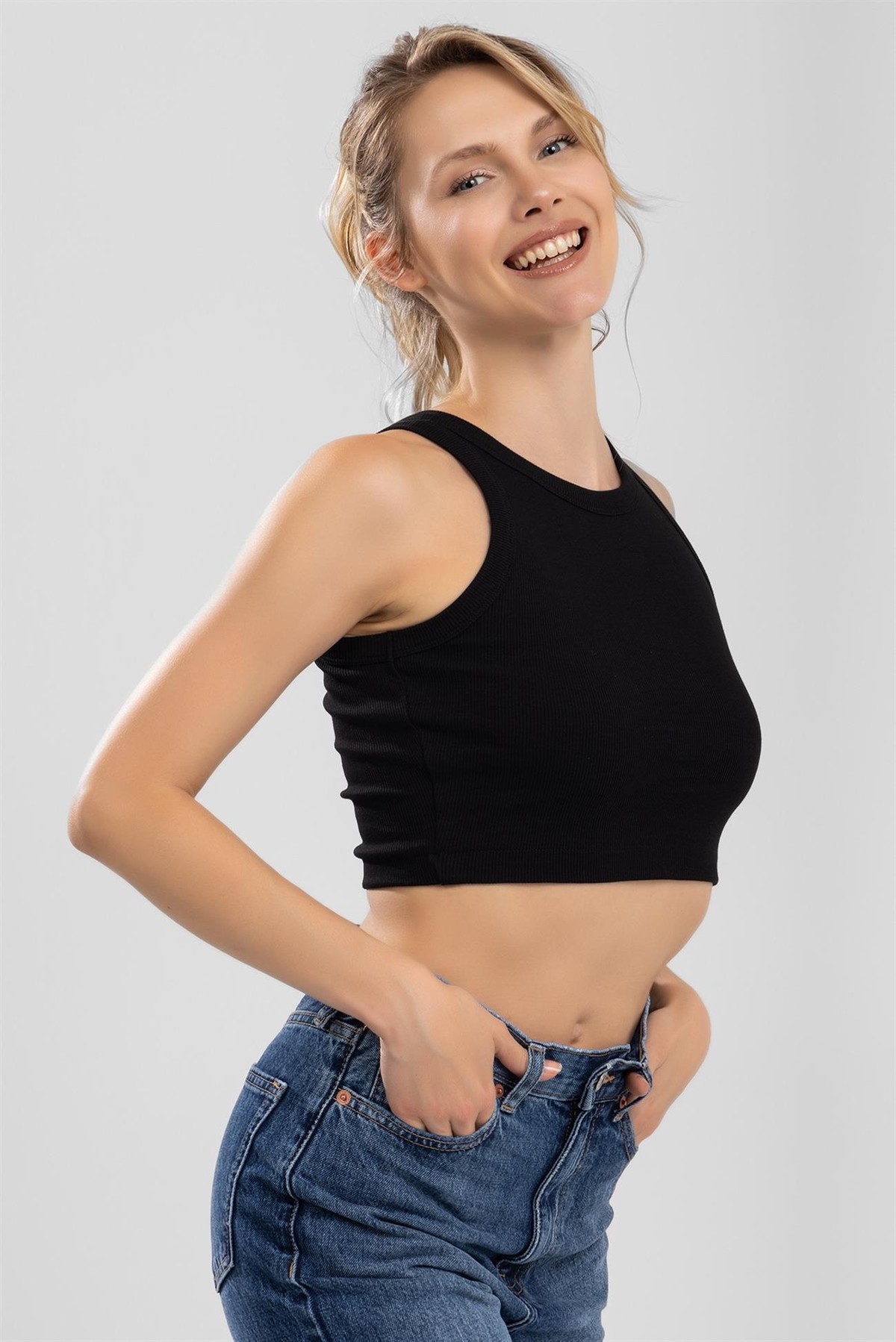 Kadın Bisiklet Yaka Sıfır Kol Kaşkorse Crop Büstiyer Siyah