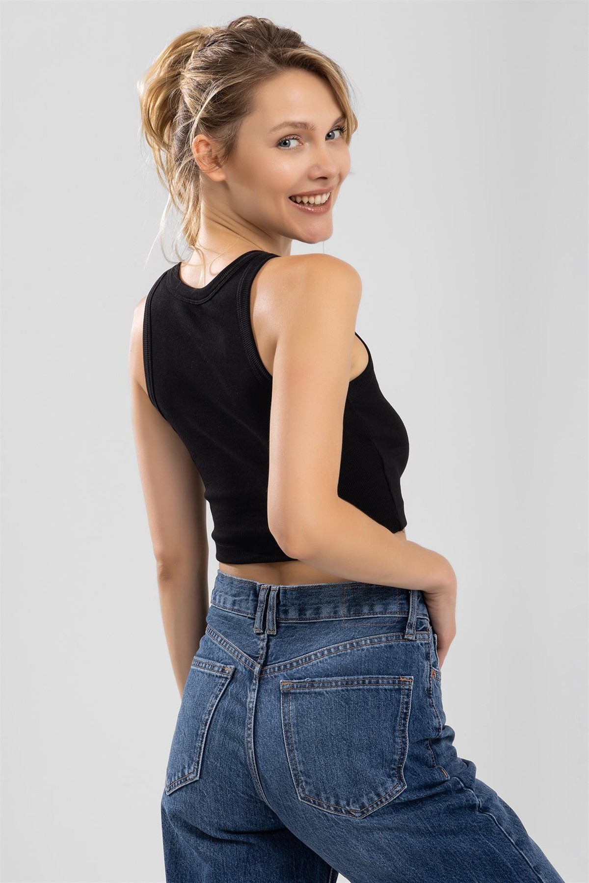 Kadın Bisiklet Yaka Sıfır Kol Kaşkorse Crop Büstiyer Siyah