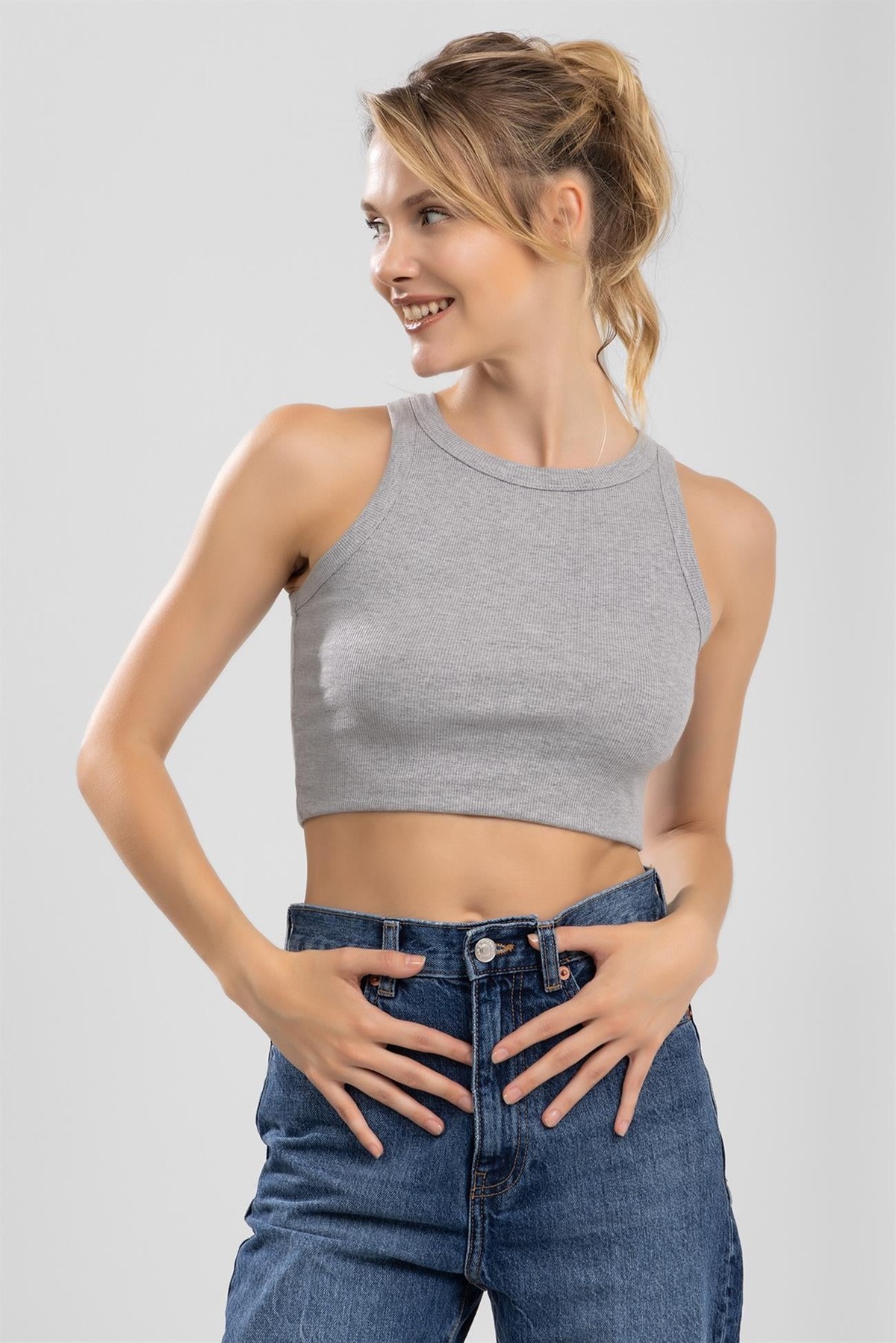 Kadın Bisiklet Yaka Sıfır Kol Kaşkorse Crop Büstiyer Gri