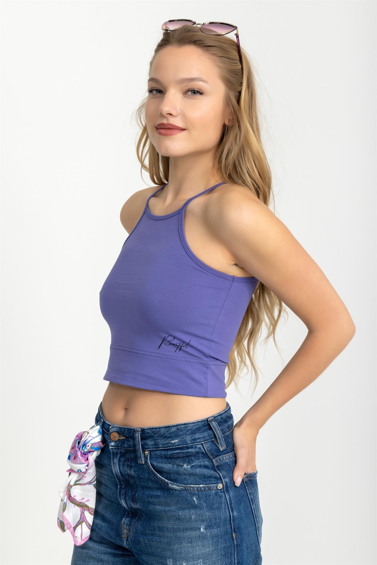 Kadın Halter Yaka İnce Askılı Crop Bluz Mor
