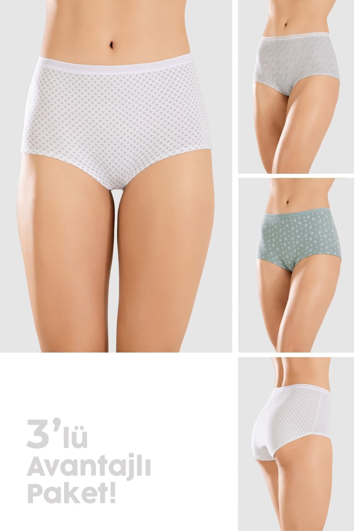 Kadın Klasik Kesim Pamuklu  Naturel Desen Bato Renkli Külot 3'lü Paket 8404 Renkli
