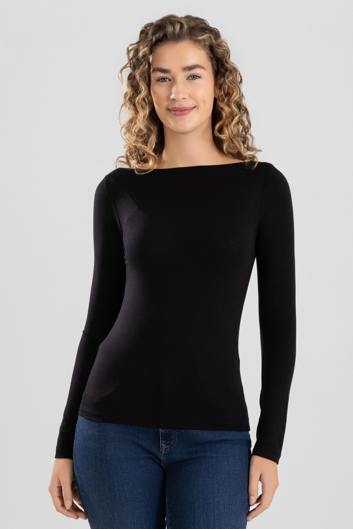 Kadın Modal Likralı Kayık Yaka Uzun Kollu Body 6318 Siyah