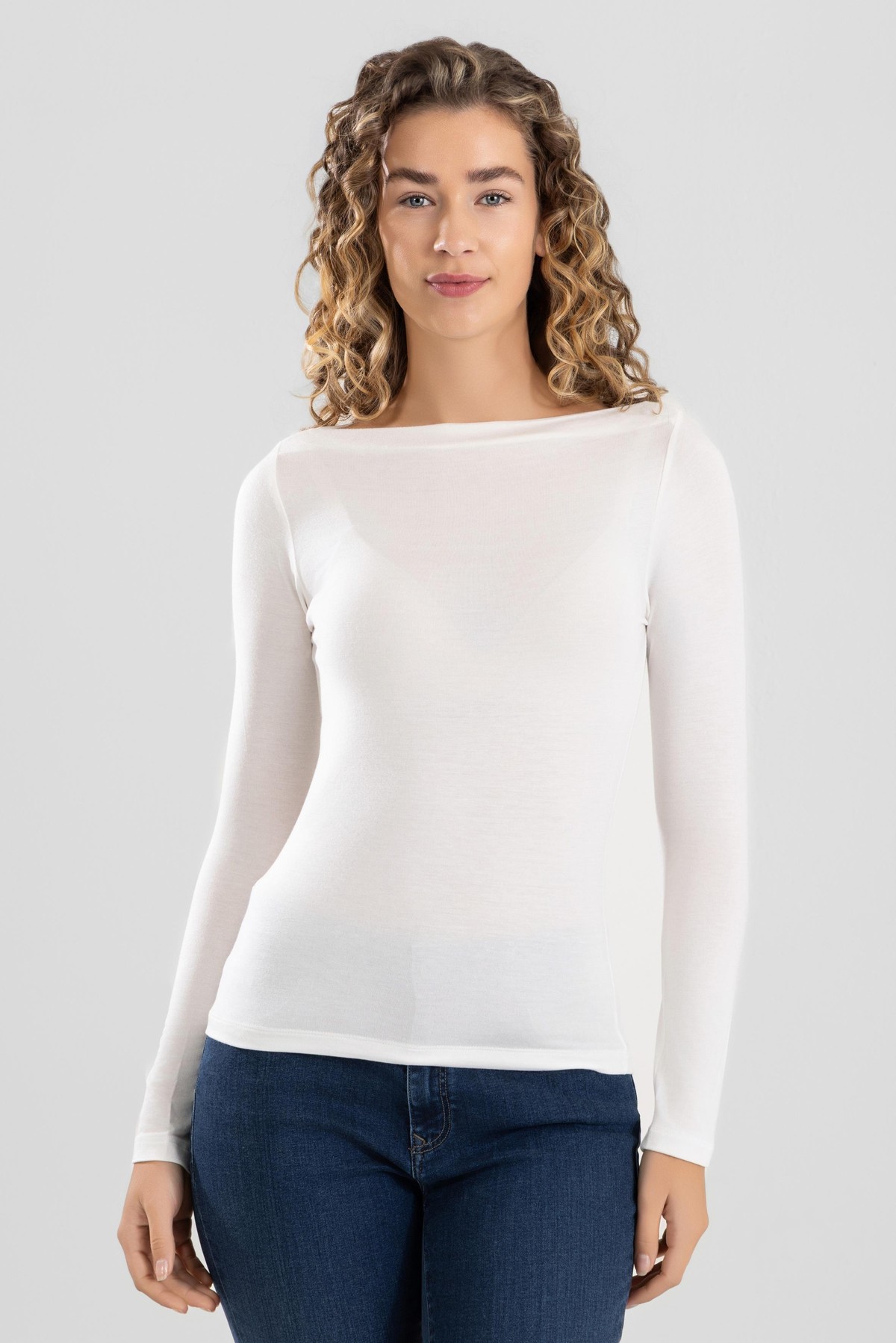 Kadın Modal Likralı Kayık Yaka Uzun Kollu Body 6318 Krem