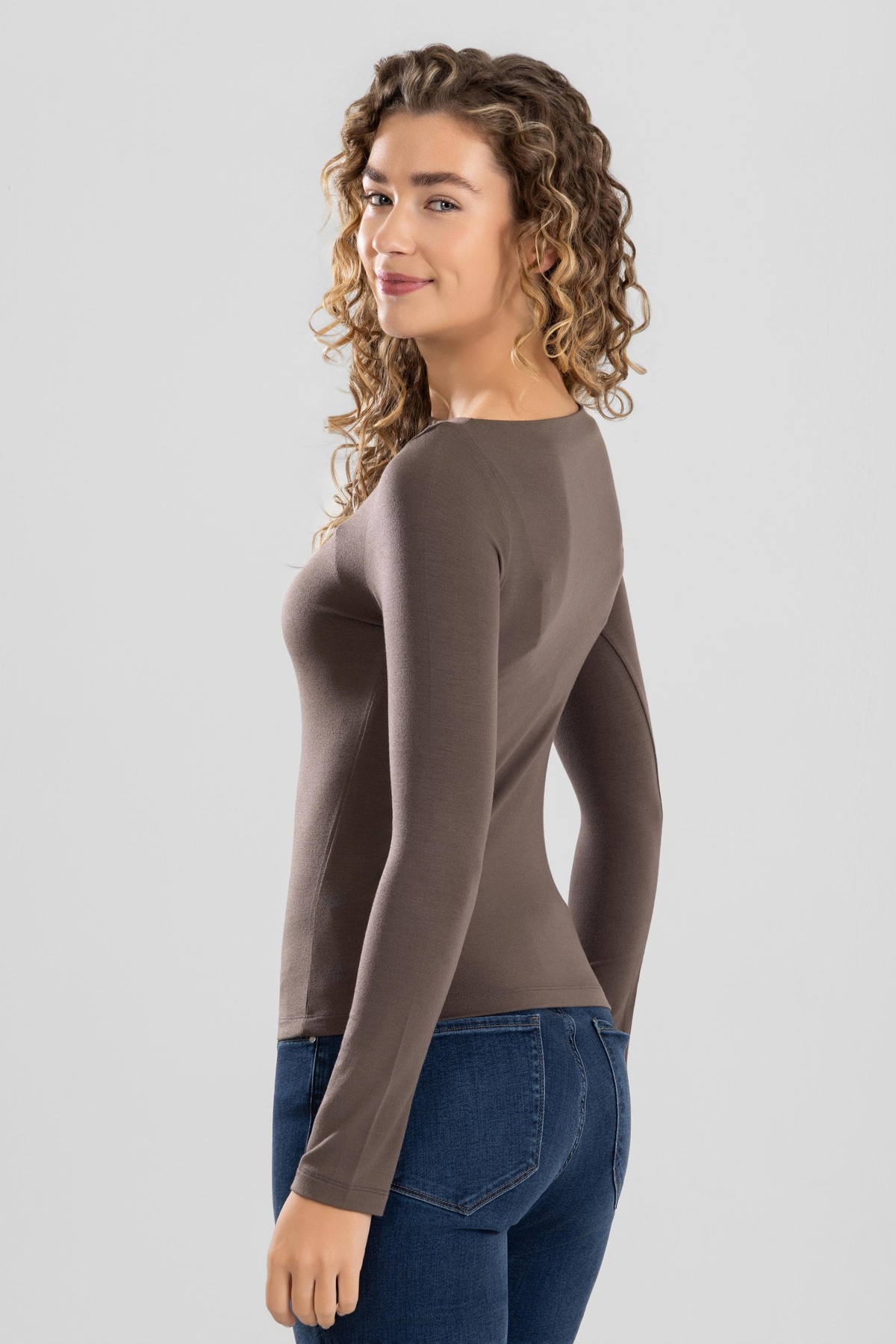 Kadın Modal Likralı Kayık Yaka Uzun Kollu Body 6318 Kahve
