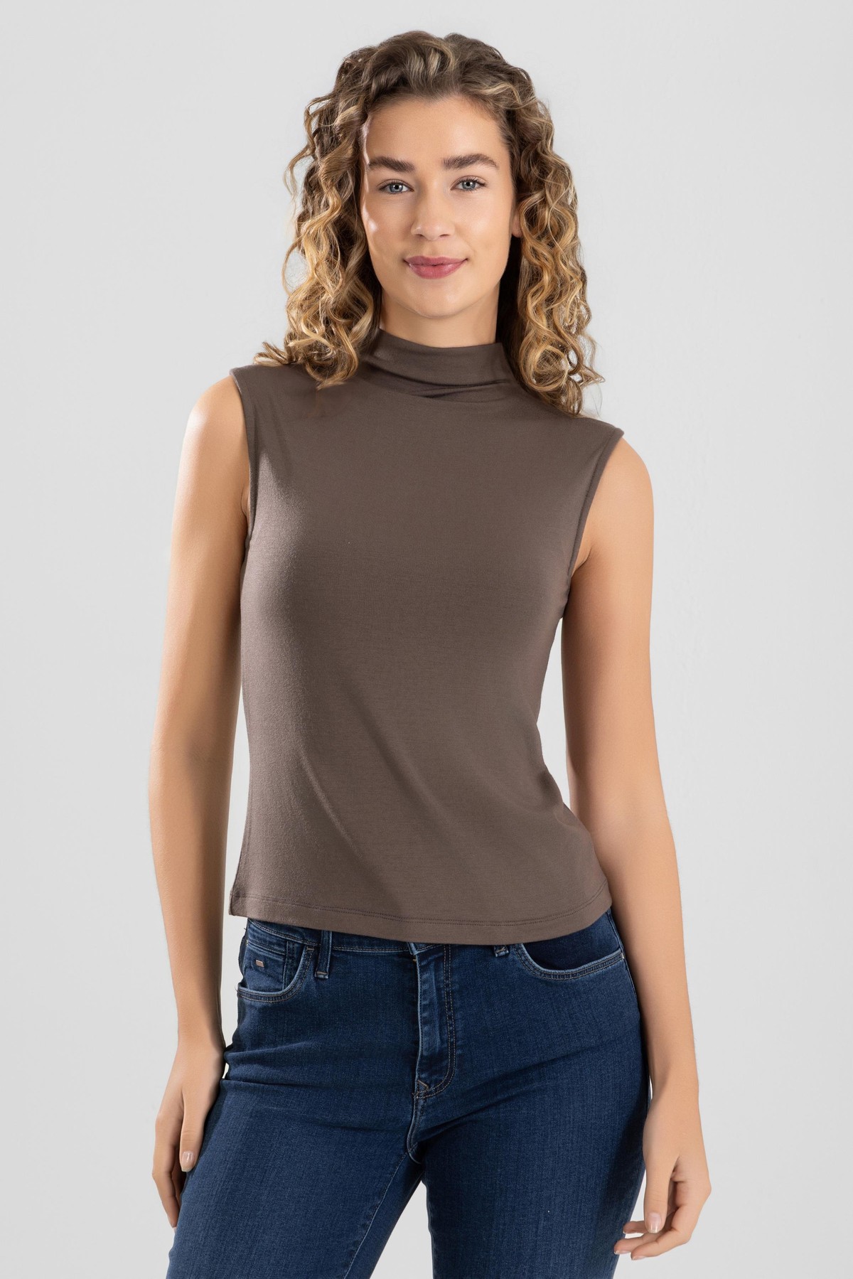 Kadın Modal Likralı Yarım Balıkçı Yaka Sıfır Kol Body 6316 Kahve