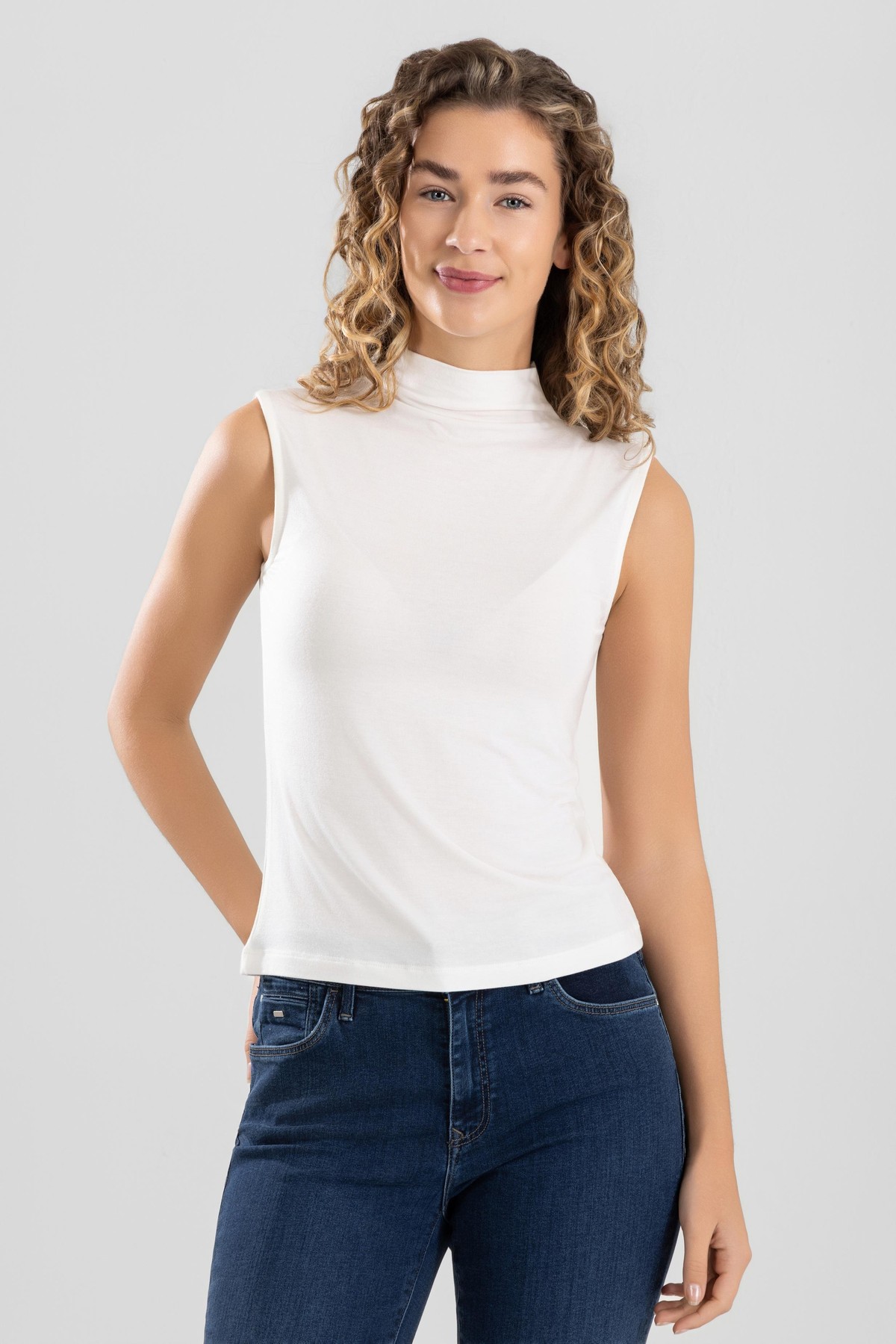 Kadın Modal Likralı Yarım Balıkçı Yaka Sıfır Kol Body 6316 Krem