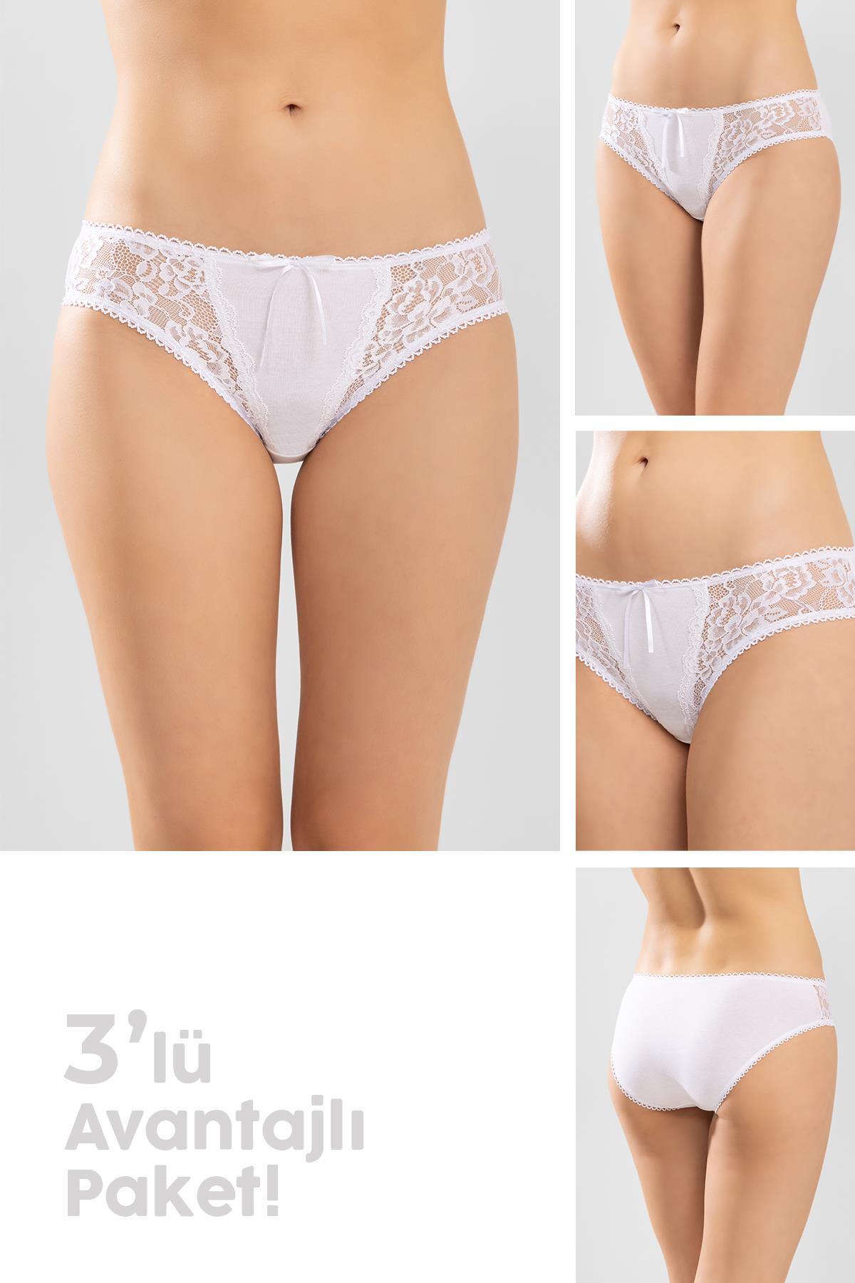 Kadın Pamuklu Bikini Kesim Dantelli Külot 3'lü Paket Beyaz