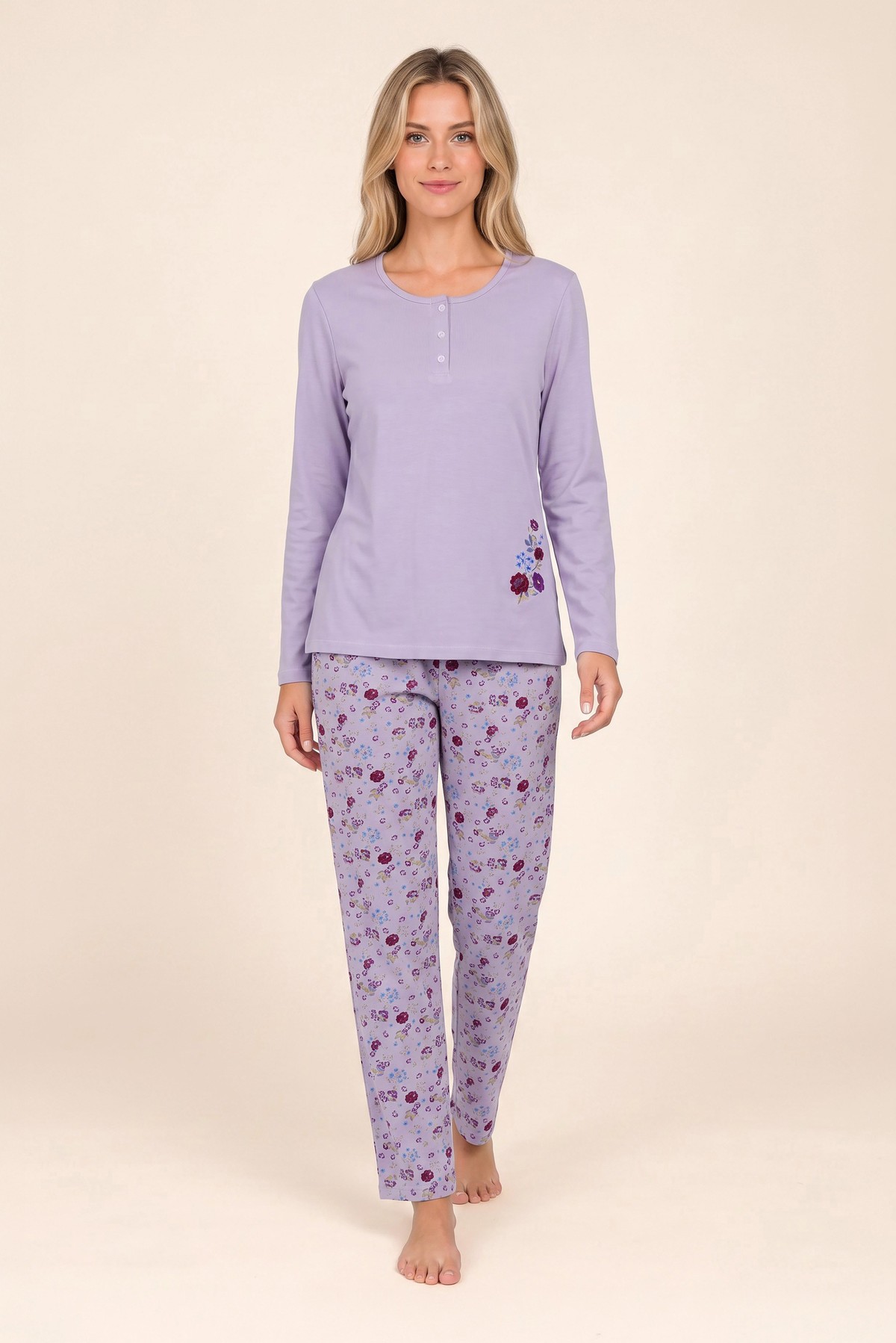 Kadın Pamuklu Bisiklet Yaka Çiçek Baskılı Uzun Kollu Pijama Takımı 9941 Lila