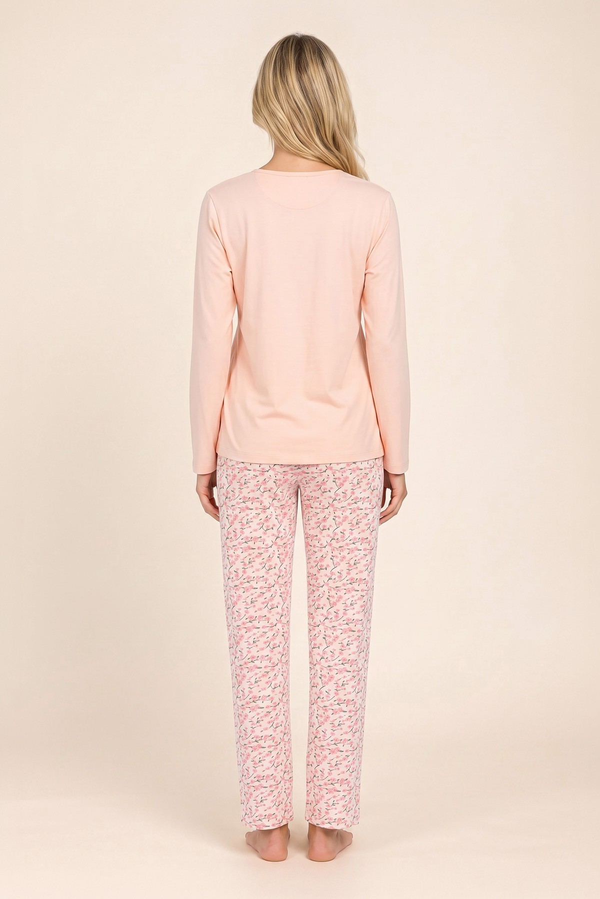 Kadın Pamuklu Bisiklet Yaka Çiçek Baskılı Uzun Kollu Pijama Takımı 9943 Somon