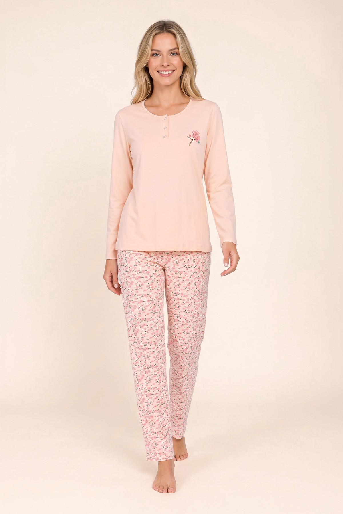 Kadın Pamuklu Bisiklet Yaka Çiçek Baskılı Uzun Kollu Pijama Takımı 9943 Somon
