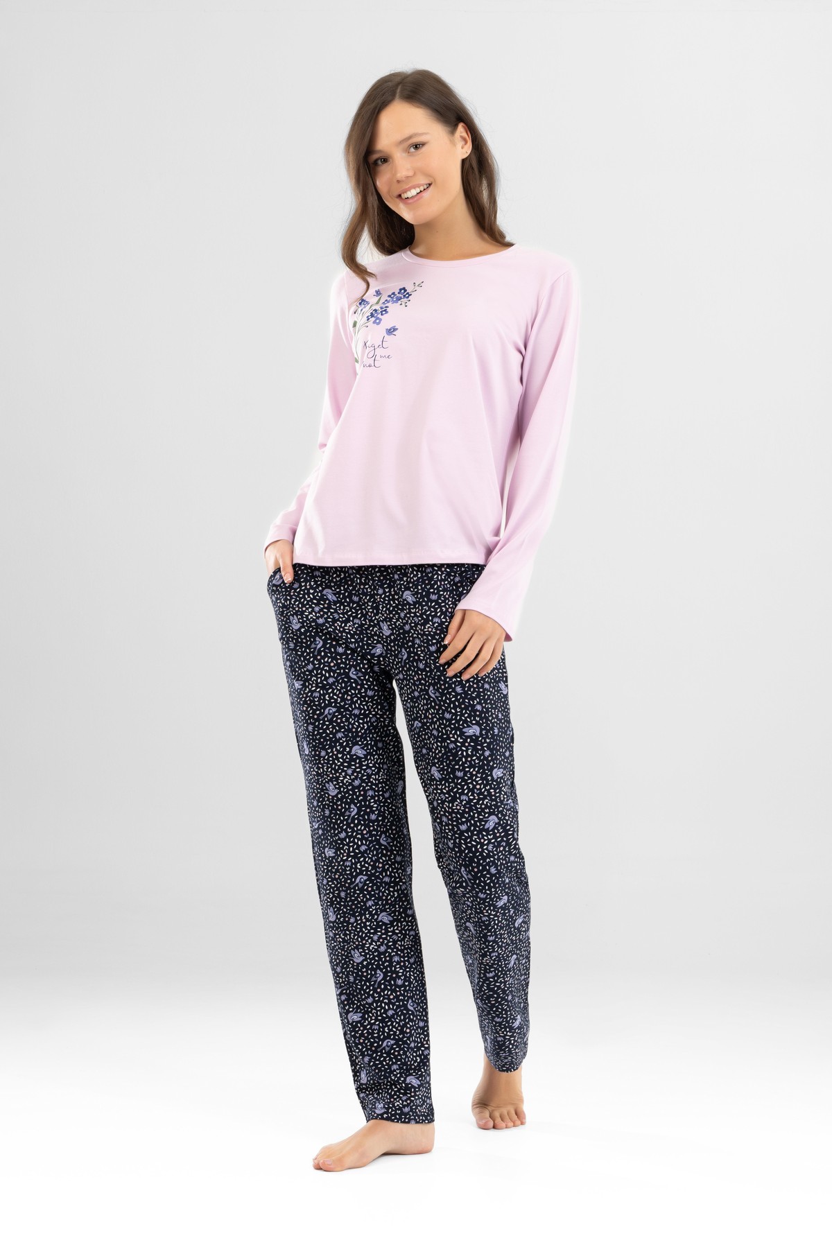 Kadın Pamuklu Bisiklet Yaka Çiçek Baskılı Uzun Kollu Pijama Takımı 9920 Toz Pembe