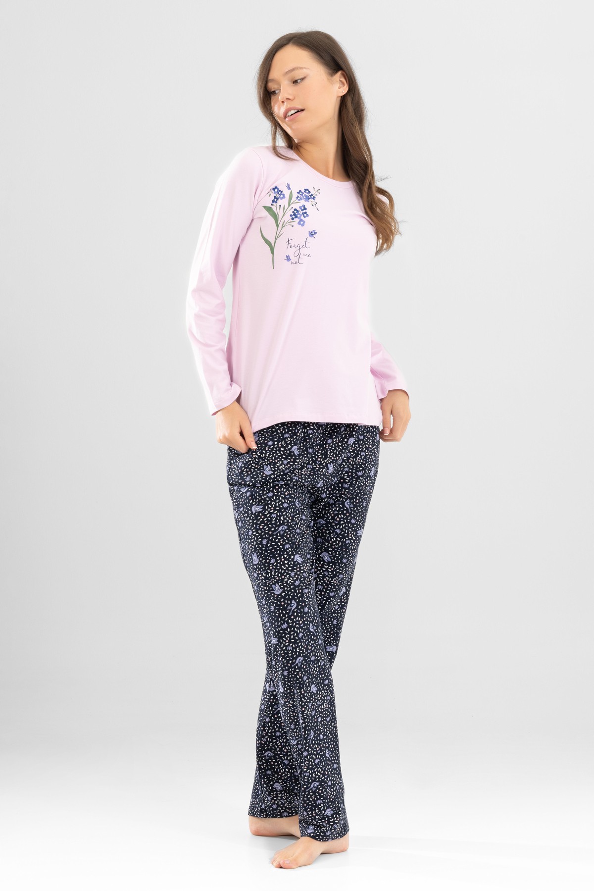 Kadın Pamuklu Bisiklet Yaka Çiçek Baskılı Uzun Kollu Pijama Takımı 9920 Toz Pembe