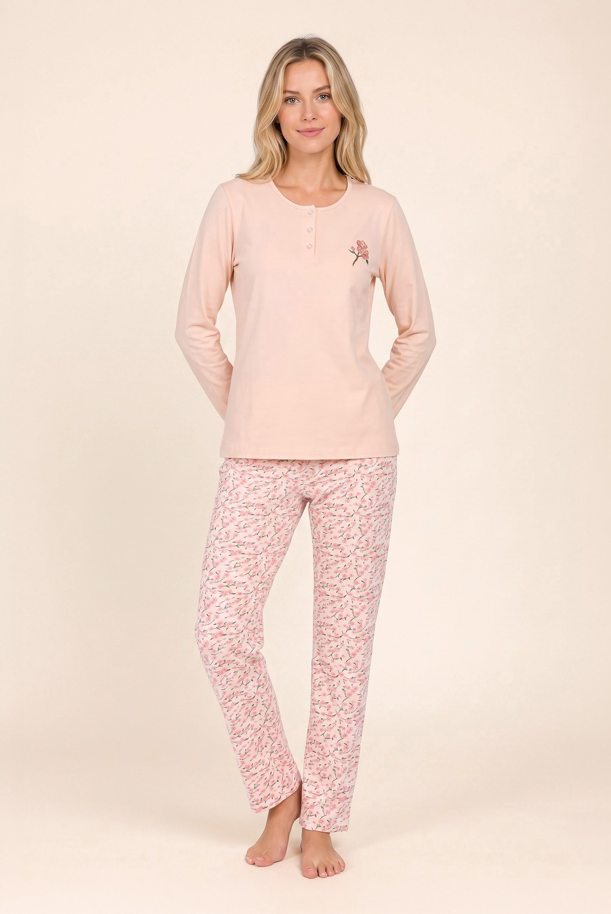 Kadın Pamuklu Bisiklet Yaka Çiçek Baskılı Uzun Kollu Pijama Takımı 9943 Somon