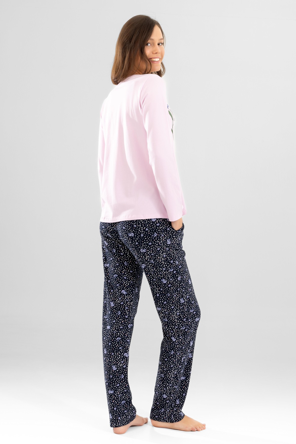 Kadın Pamuklu Bisiklet Yaka Çiçek Baskılı Uzun Kollu Pijama Takımı 9920 Toz Pembe