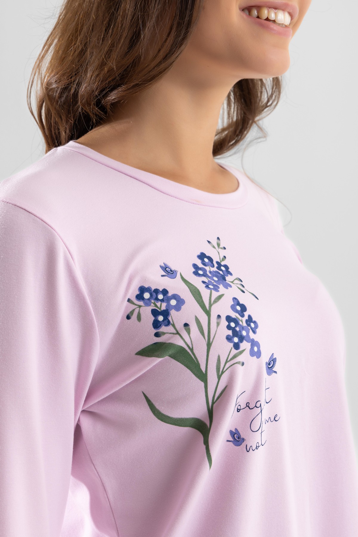 Kadın Pamuklu Bisiklet Yaka Çiçek Baskılı Uzun Kollu Pijama Takımı 9920 Toz Pembe