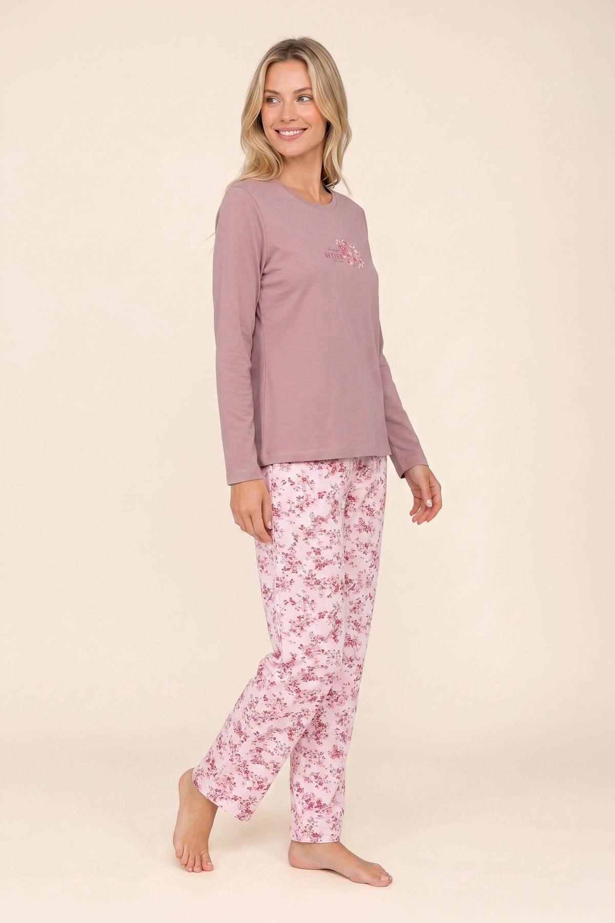 Kadın Pamuklu Bisiklet Yaka Çiçek Desenli Uzun Kollu Pijama Takımı 9936 Gül kurusu