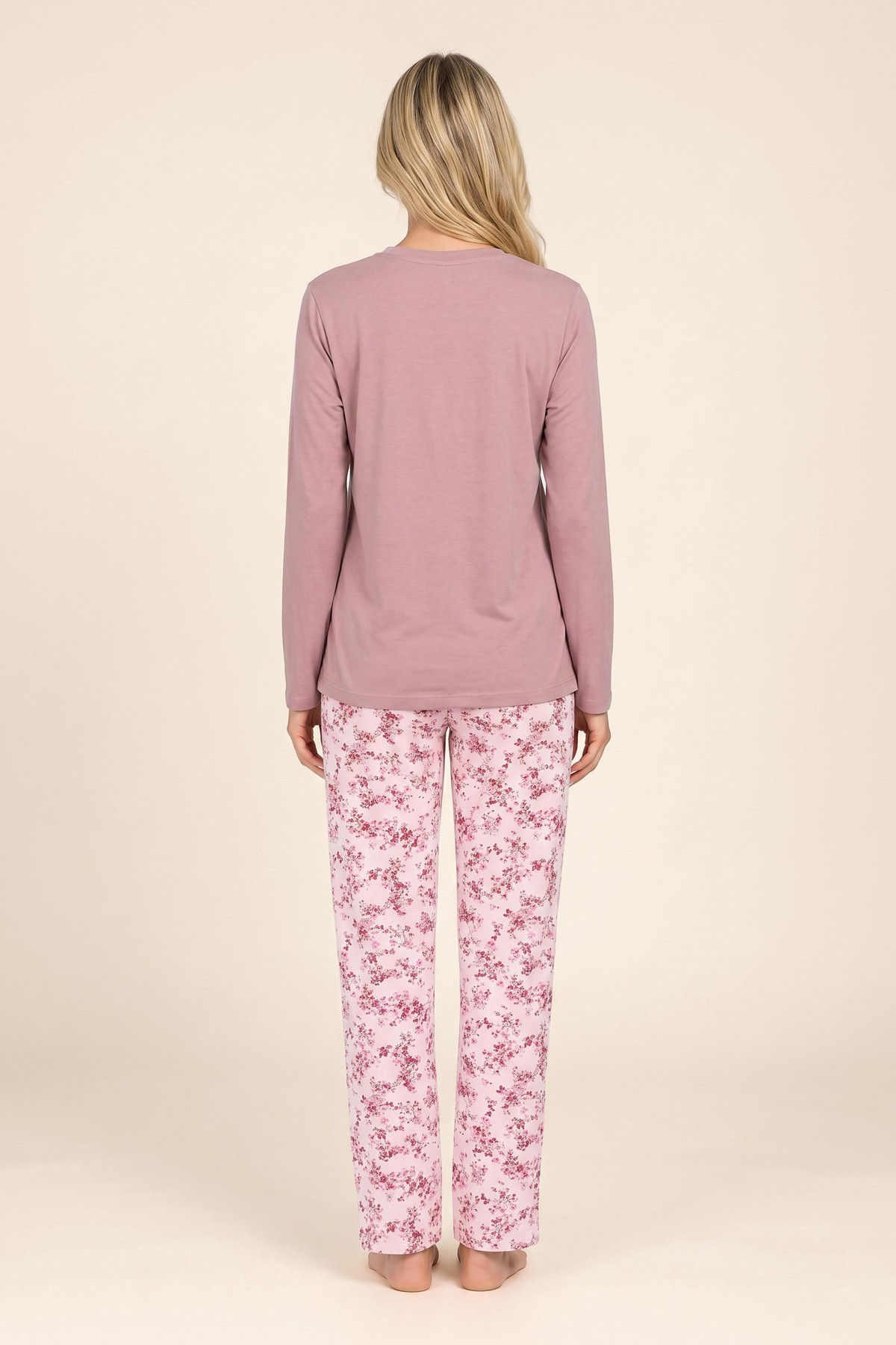 Kadın Pamuklu Bisiklet Yaka Çiçek Desenli Uzun Kollu Pijama Takımı 9936 Gül kurusu