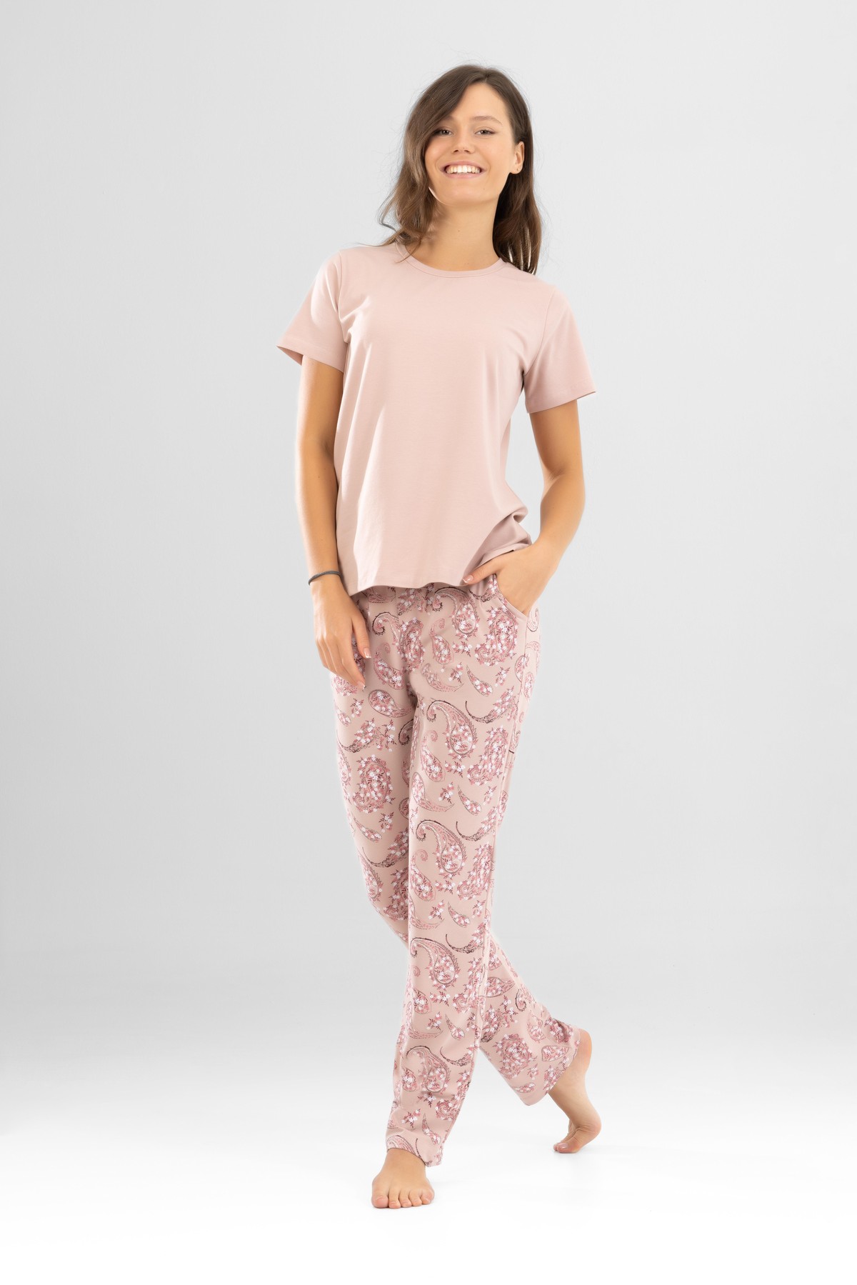 Kadın Pamuklu Bisiklet Yaka Otantik Desenli Kısa Kollu Pijama Takımı 9921 Pudra