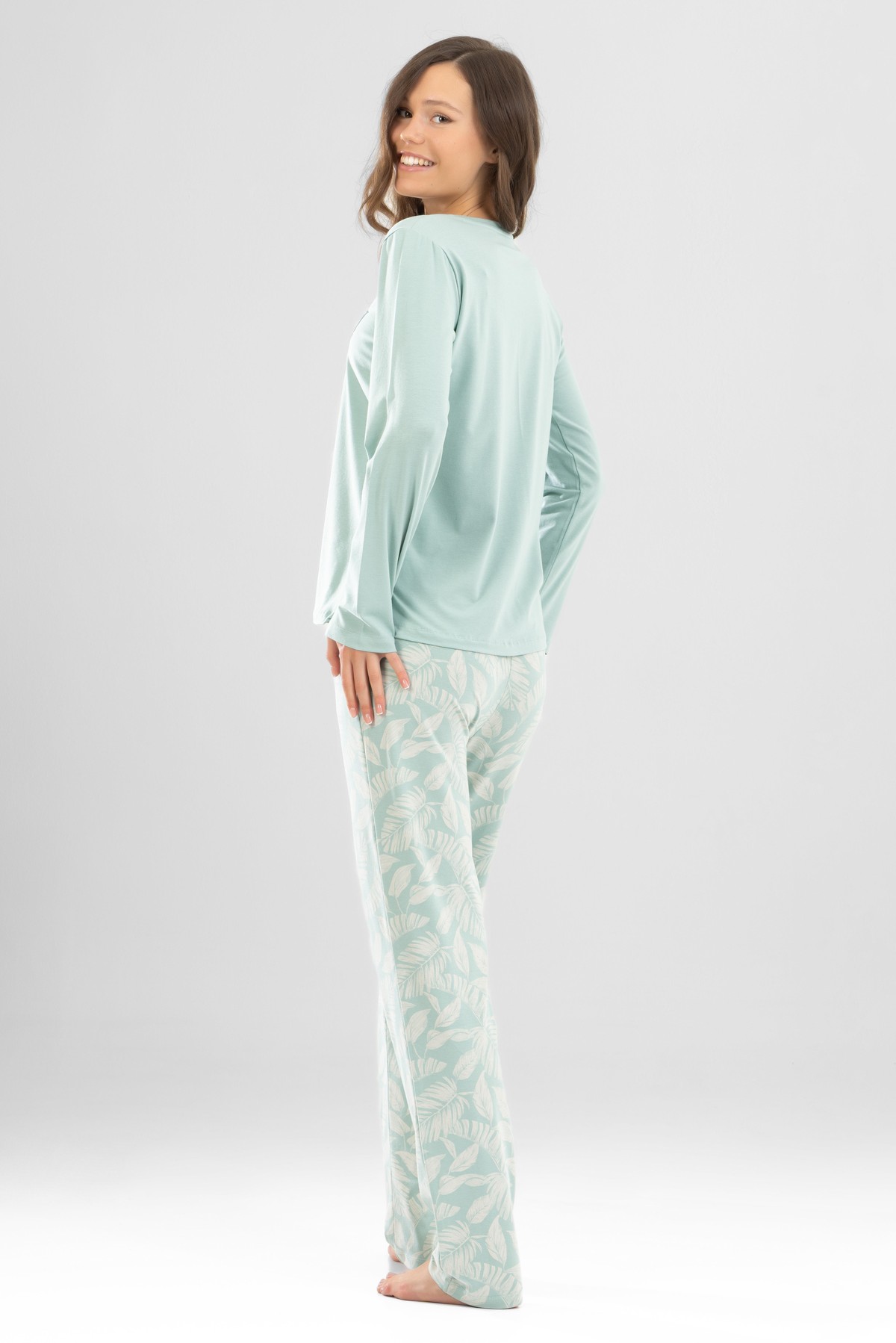 Kadın Pamuklu Bisiklet Yaka Yaprak Baskılı Uzun Kollu Pijama Takımı 9923 Su Yeşili