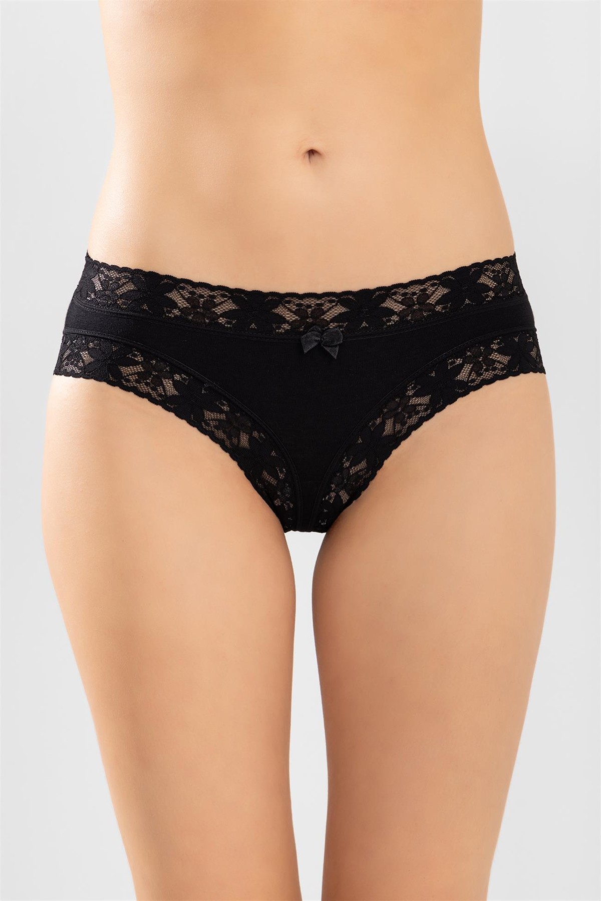 Kadın Pamuklu Dantelli Bikini Kesim Düz Külot 3'lü Paket Siyah