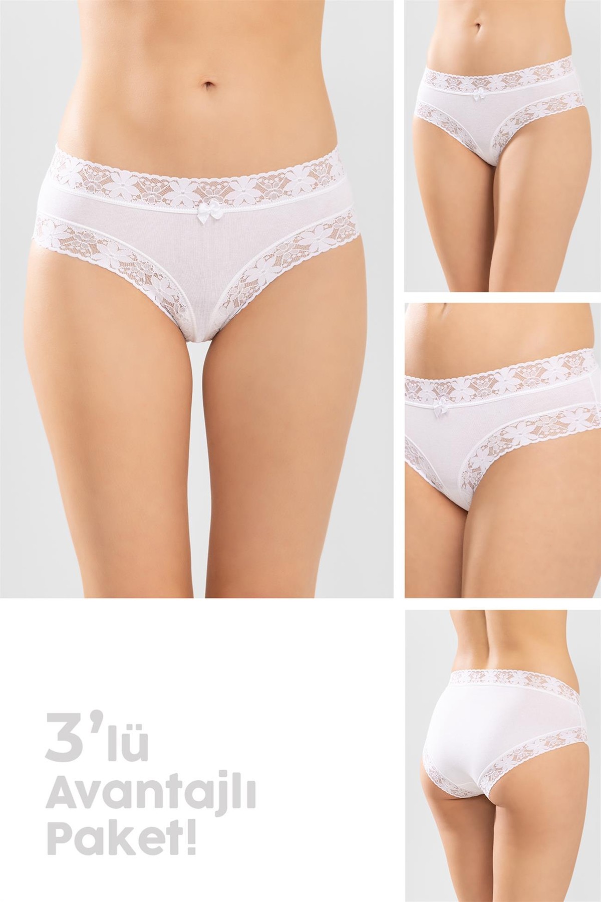 Kadın Pamuklu Dantelli Bikini Kesim Düz Külot 3'lü Paket Beyaz
