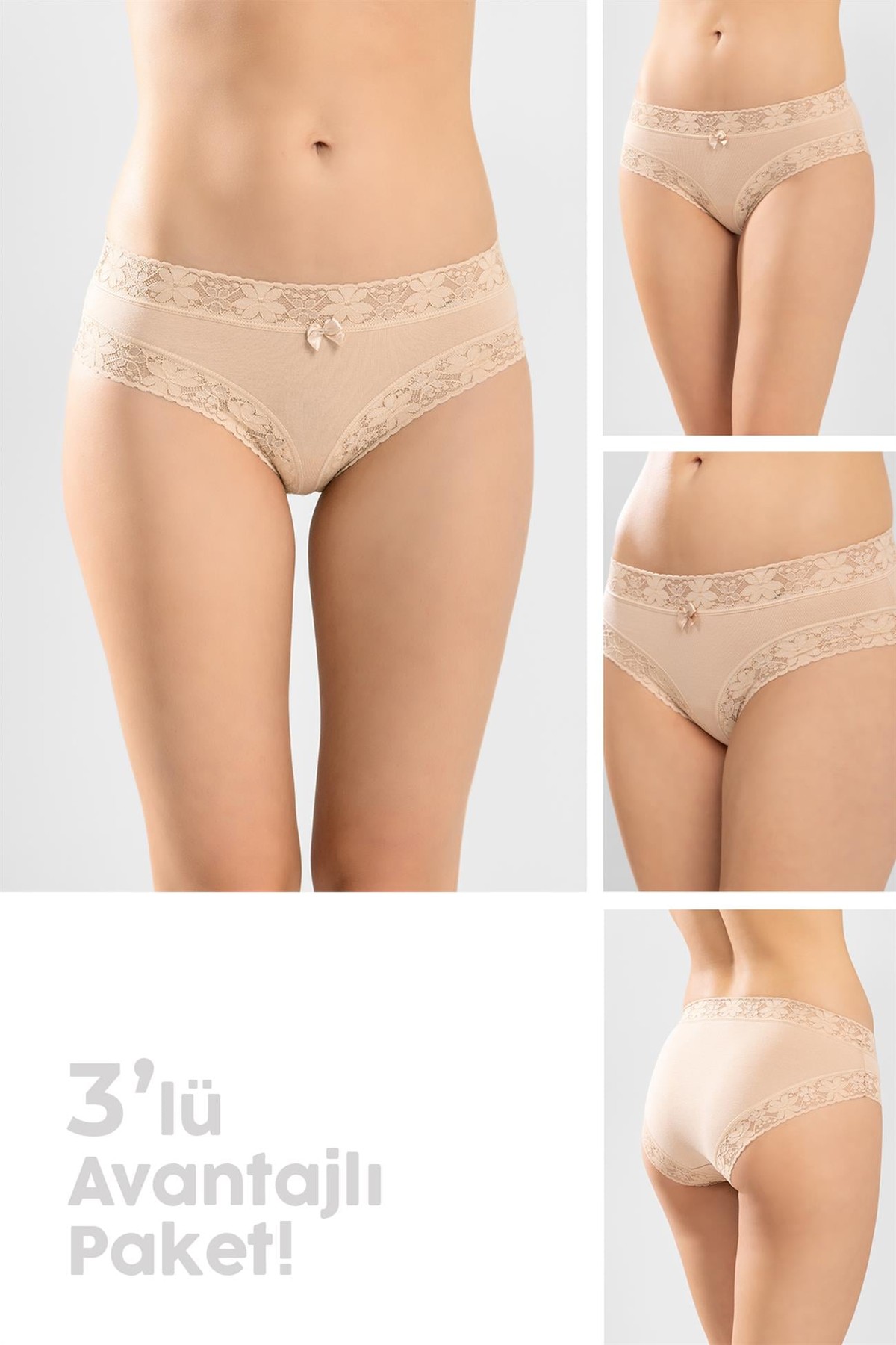Kadın Pamuklu Dantelli Bikini Kesim Düz Külot 3'lü Paket Ten Rengi