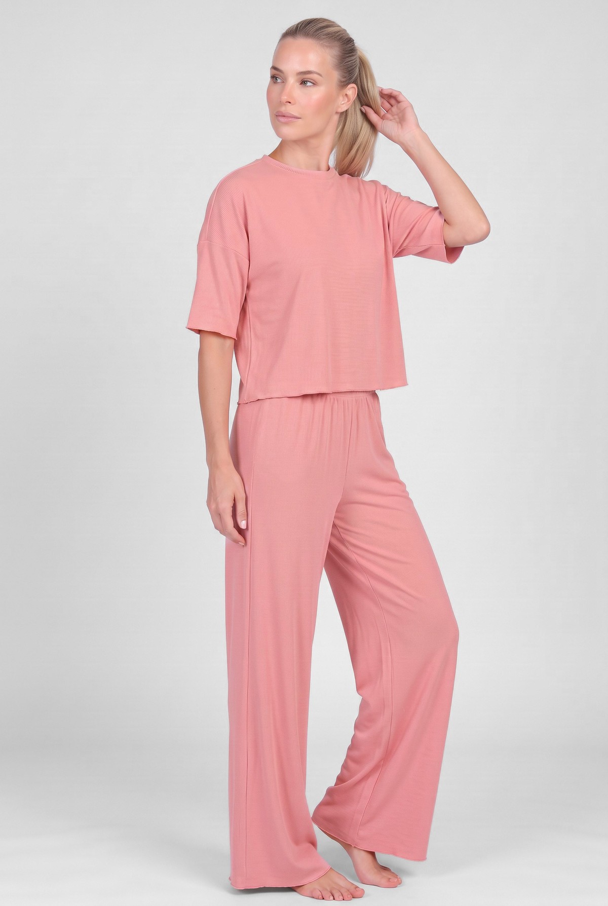 Kadın Pamuklu Esnek Kaşkorse Fitilli Bisiklet Yaka T-shirt Ve Bol Paça Pantolon İkili Rahat Takım GUL KURUSU