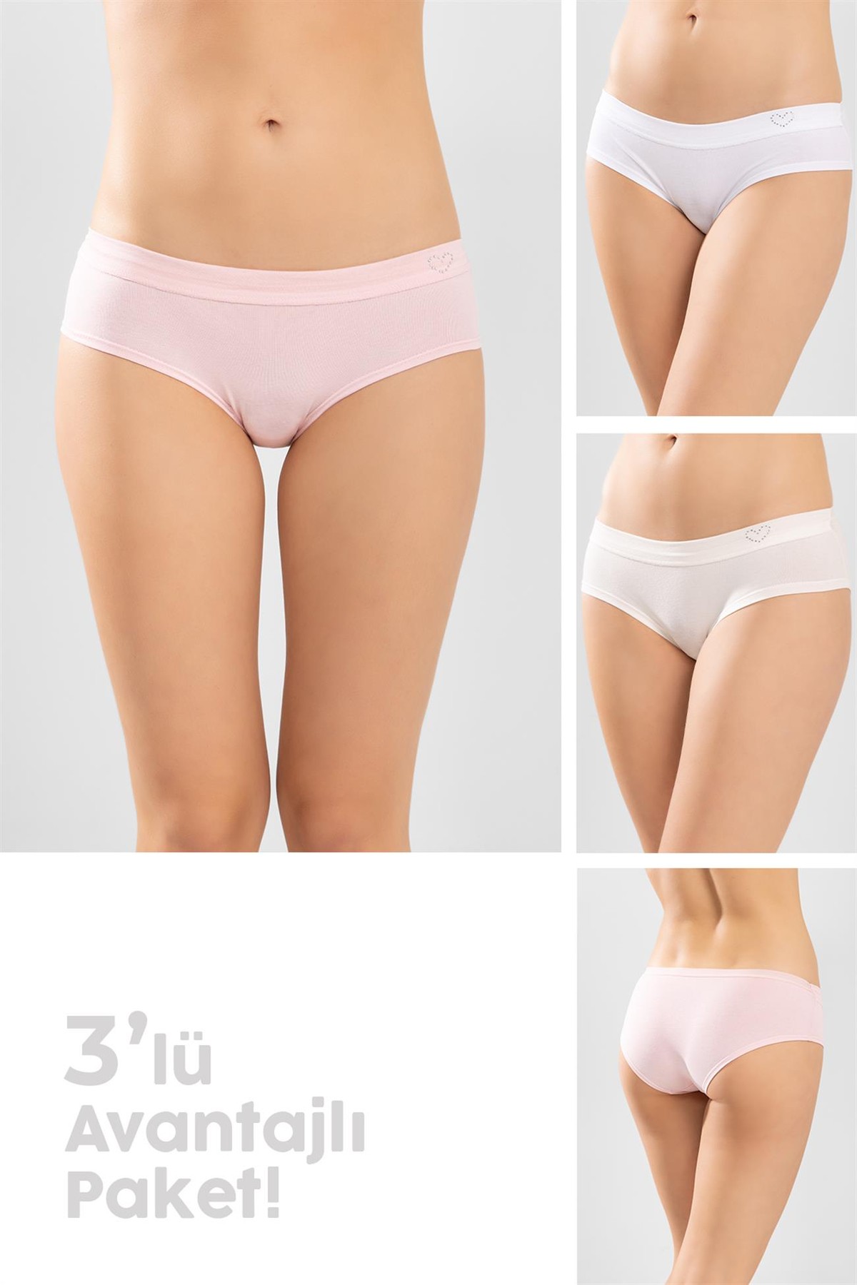 Kadın Pamuklu İşlemeli Bikini Kesim Düz Basic Külot 3'lü Paket RENKLİ