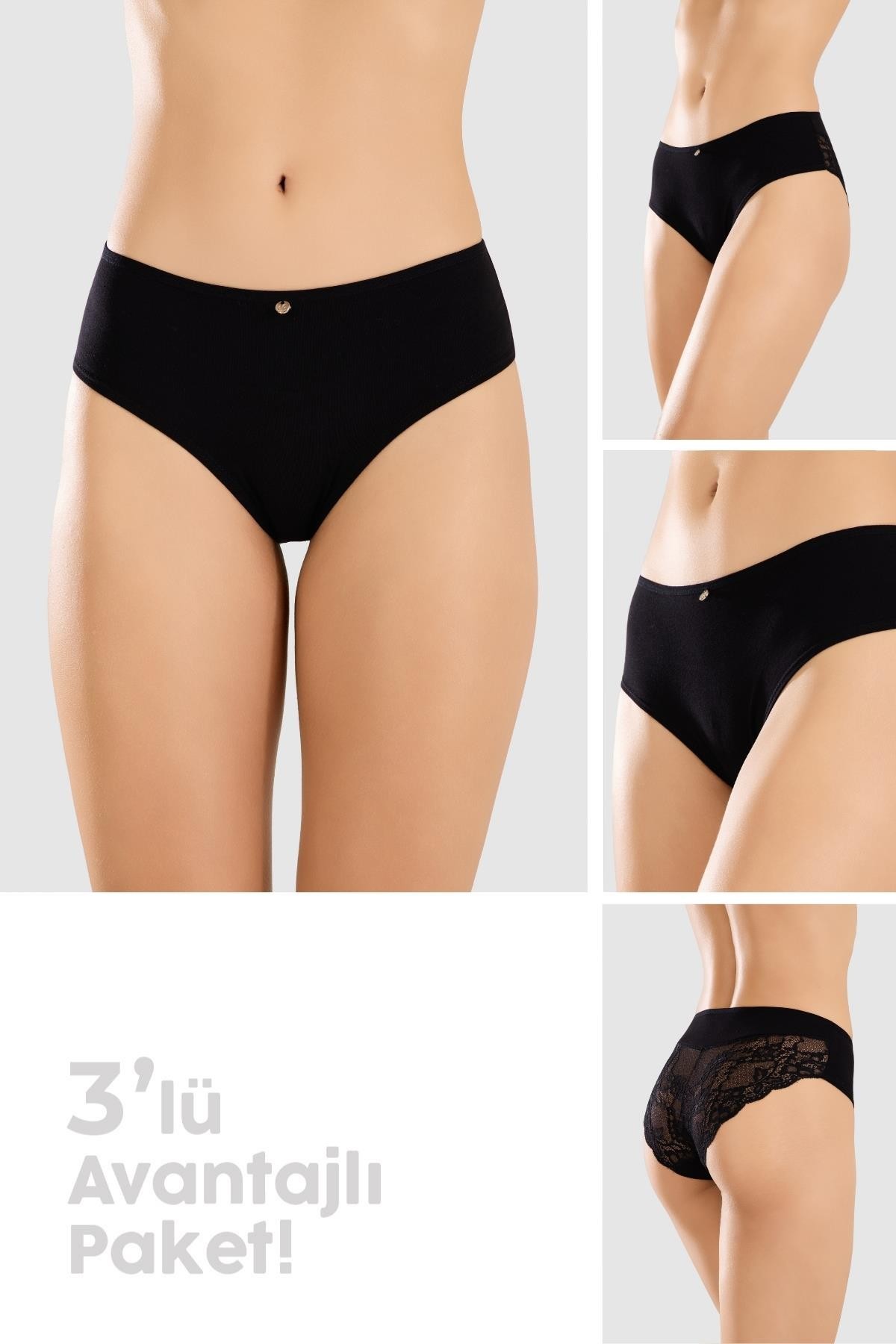 Kadın Pamuklu Likralı Arkası Dantelli Slip Külot 32lü Paket 8432 Siyah