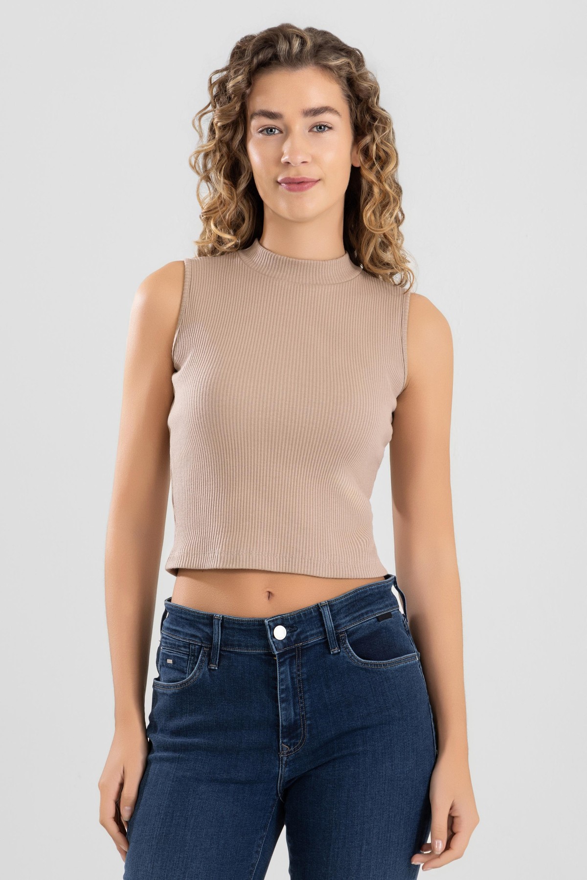 Kadın Pamuklu Likralı Dik Yaka Sıfır Kol Fitilli Crop Body 6322 Ten Rengi