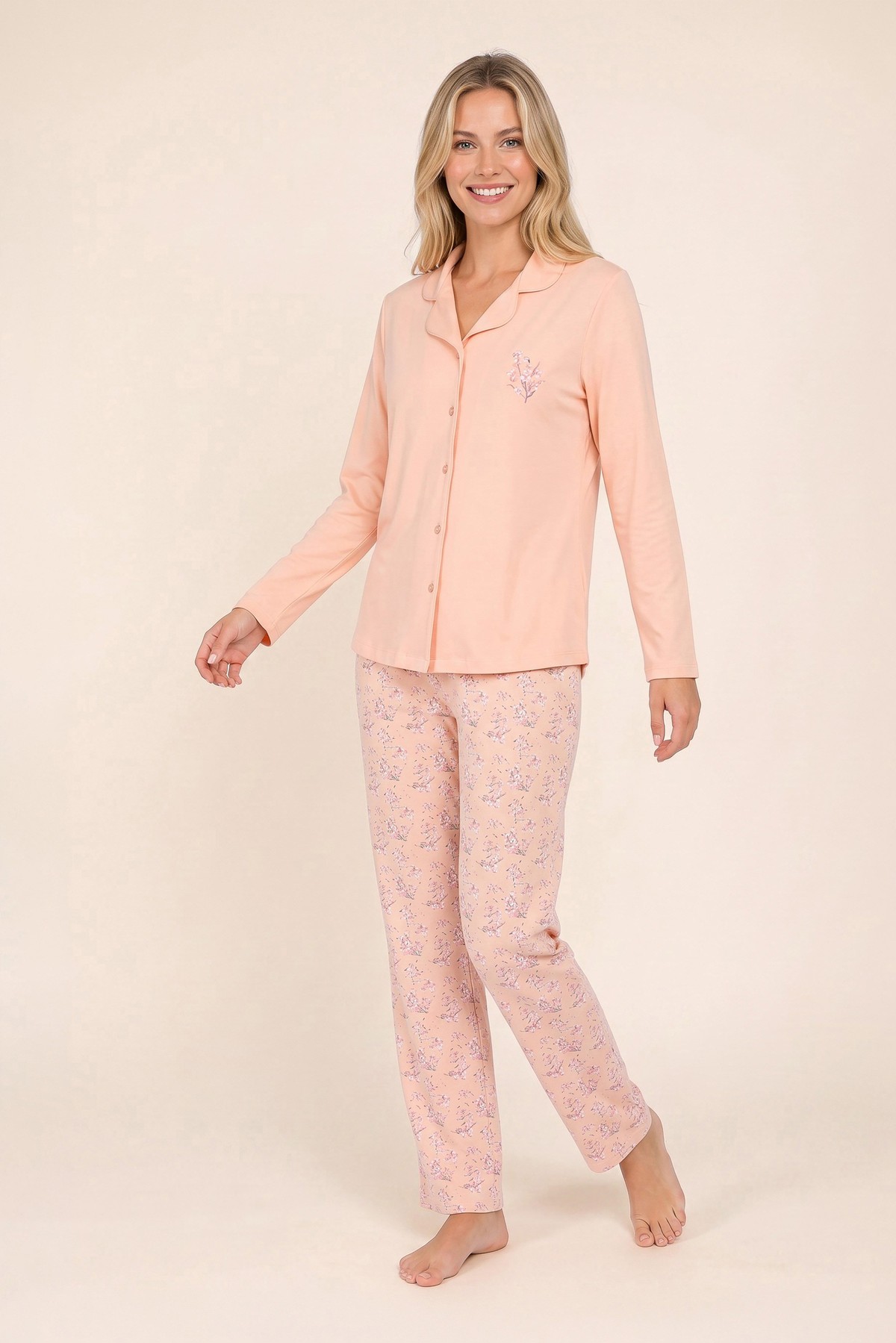 Kadın Viskon Gömlek Yaka Çiçek Baskılı Düğmeli Uzun Kollu Pijama Takımı 9927 Somon