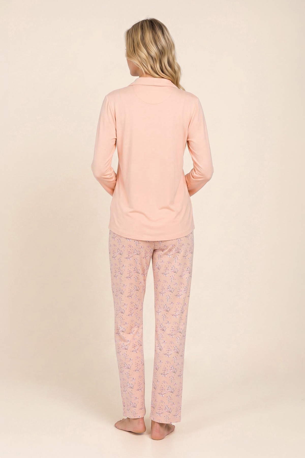 Kadın Viskon Gömlek Yaka Çiçek Baskılı Düğmeli Uzun Kollu Pijama Takımı 9927 Somon