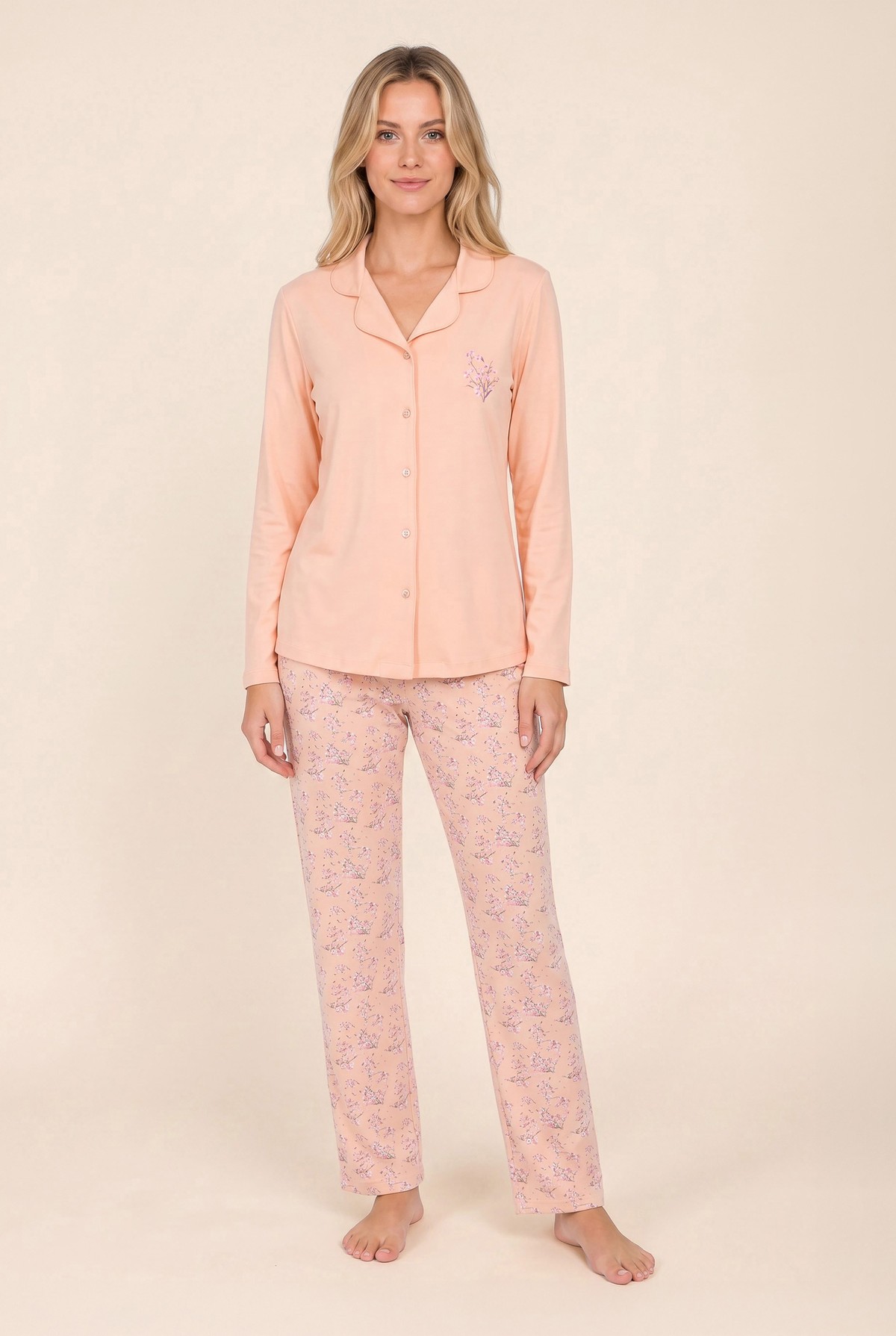Kadın Viskon Gömlek Yaka Çiçek Baskılı Düğmeli Uzun Kollu Pijama Takımı 9927 Somon