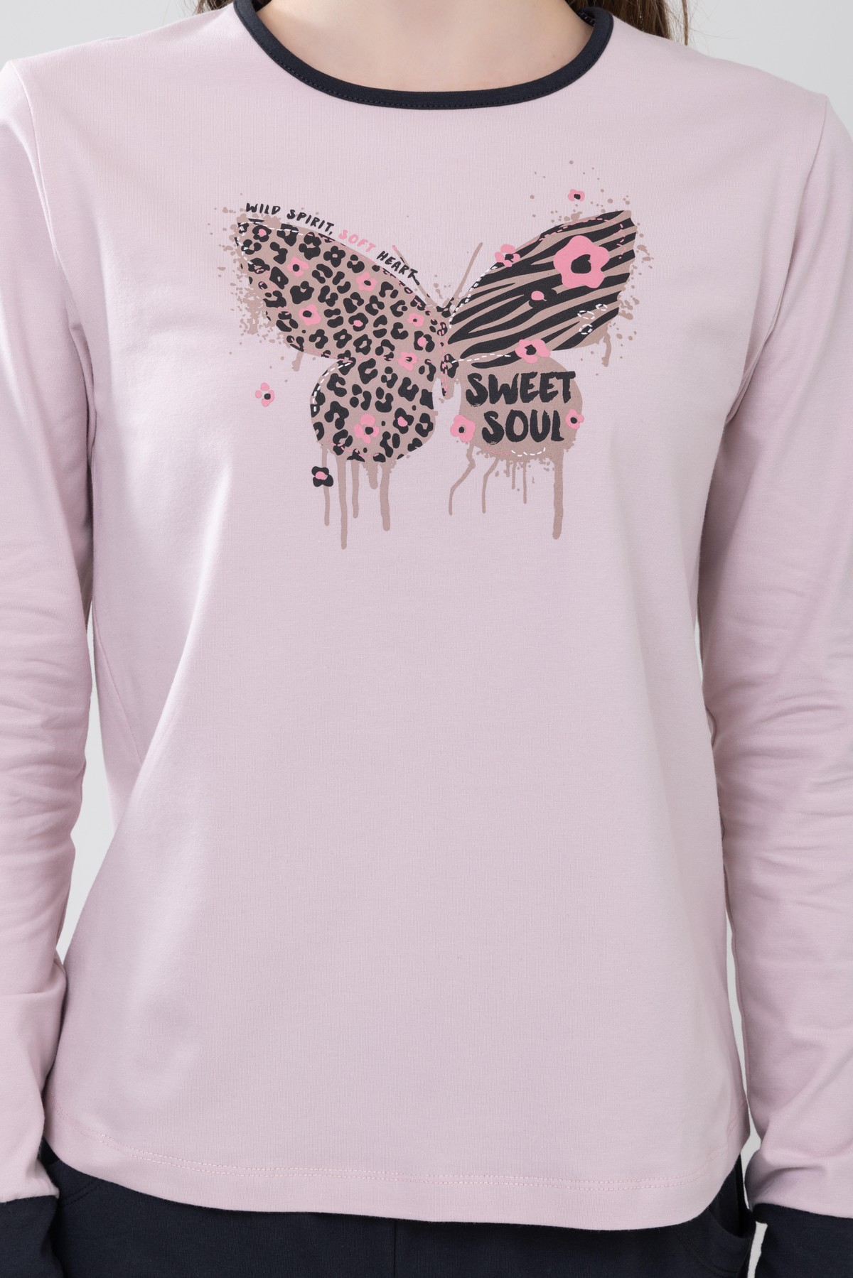 Kız Çocuk Pamuklu Baskılı Bisiklet Yaka Uzun Kollu Manşetli Pijama Takımı 9238-1 Açık Lila