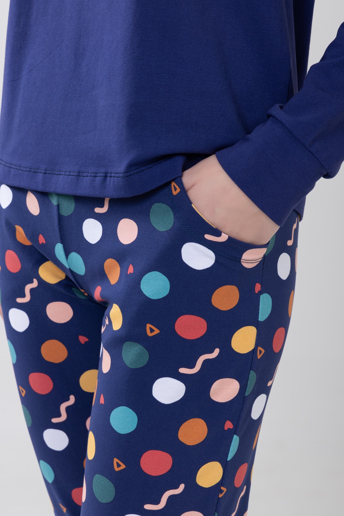 Kız Çocuk Pamuklu Baskılı Bisiklet Yaka Uzun Kollu Manşetli Pijama Takımı 9239 Lacivert