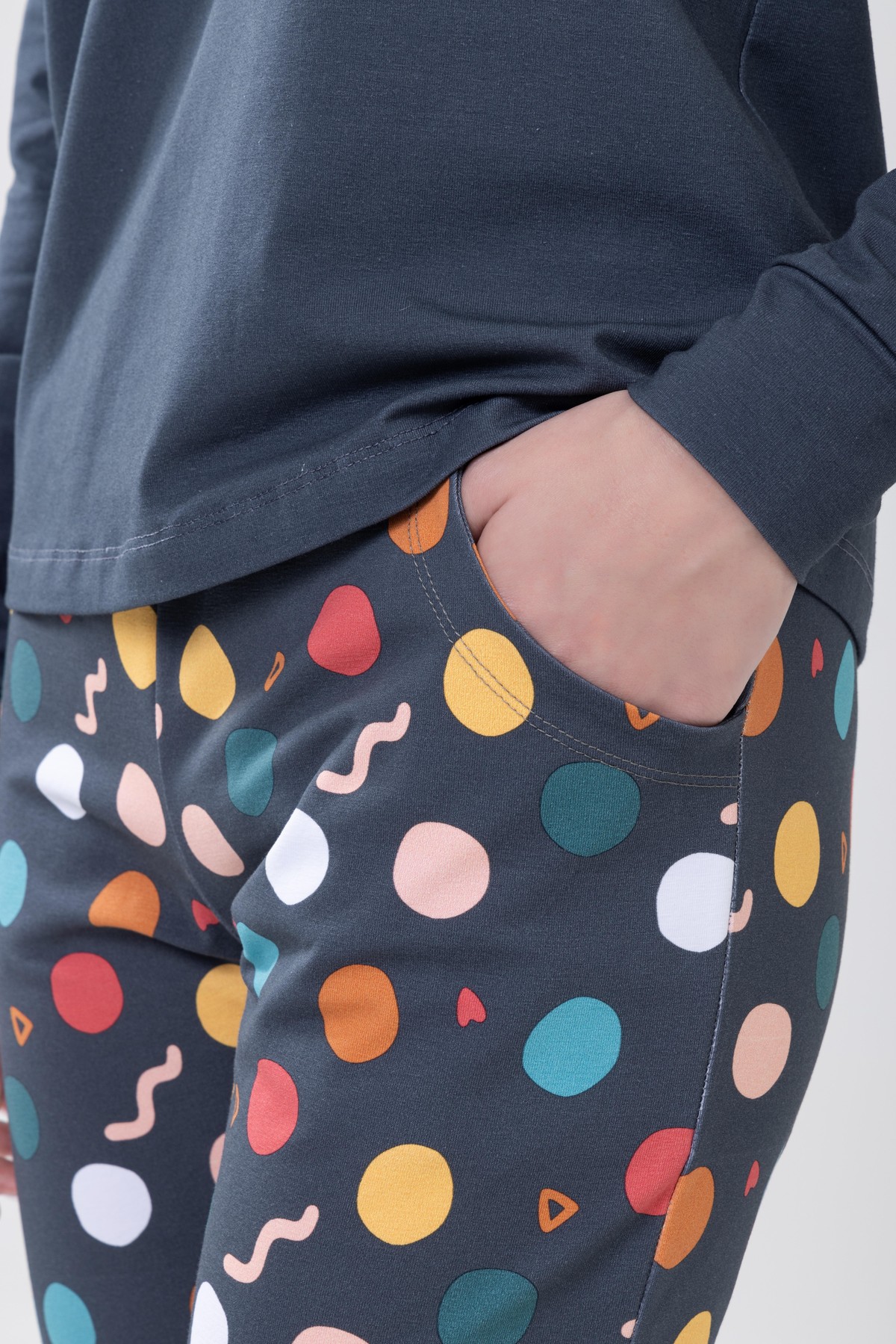 Kız Çocuk Pamuklu Baskılı Bisiklet Yaka Uzun Kollu Manşetli Pijama Takımı 9239 ANTRASIT