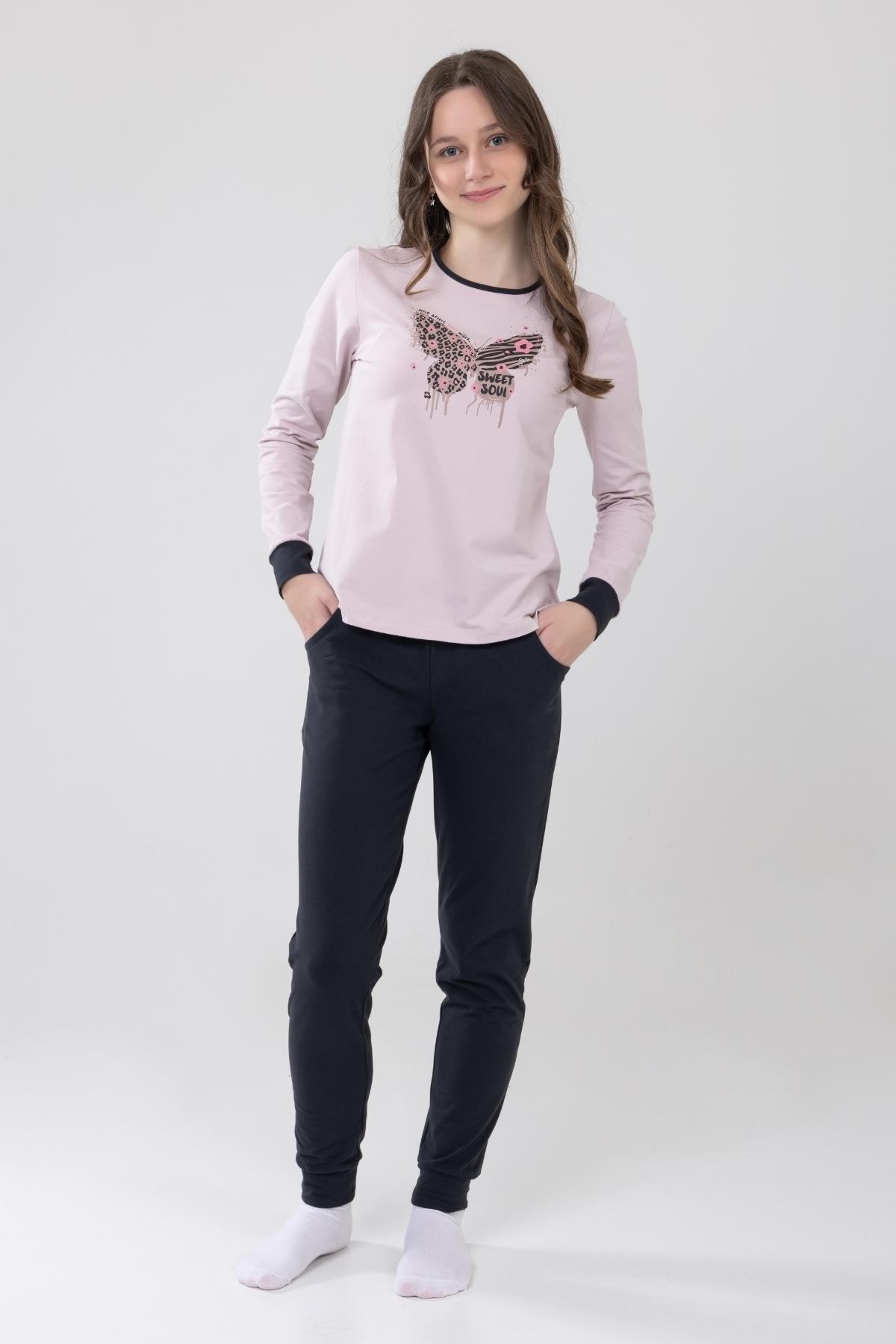 Kız Çocuk Pamuklu Baskılı Bisiklet Yaka Uzun Kollu Manşetli Pijama Takımı 9238-1 Açık Lila