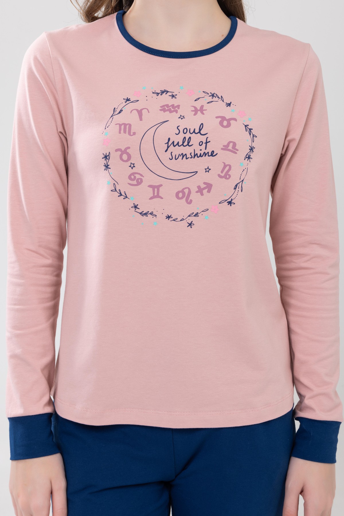 Kız Çocuk Pamuklu Baskılı Bisiklet Yaka Uzun Kollu Manşetli Pijama Takımı 9237 Gül kurusu