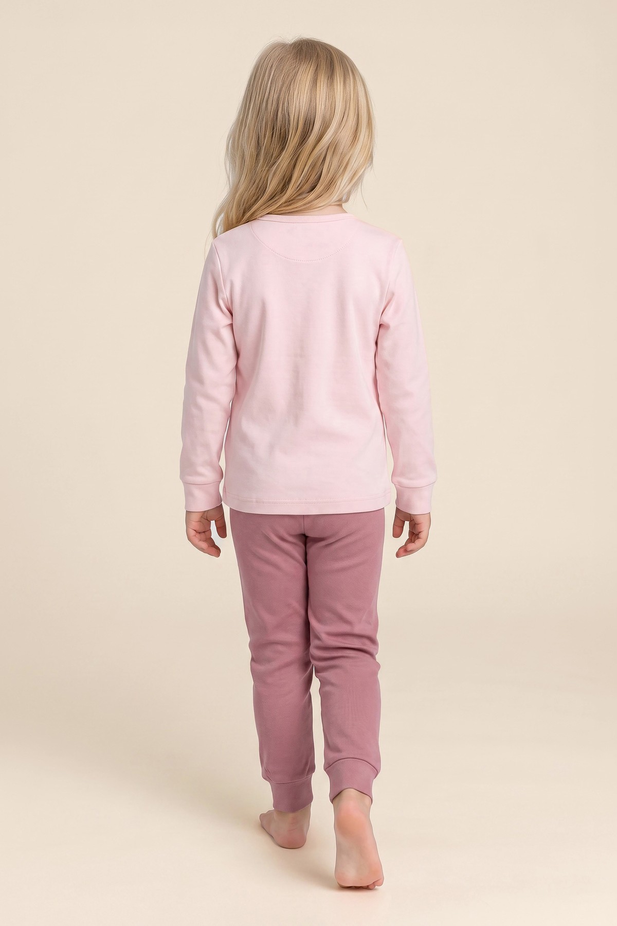 Kız Çocuk Pamuklu Bisiklet Yaka Atlı Karınca Baskılı Uzun Kollu Pijama Takımı 9263 Pembe