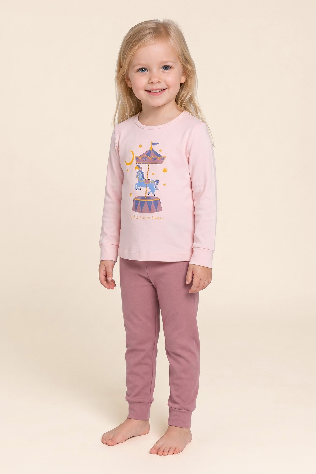 Kız Çocuk Pamuklu Bisiklet Yaka Atlı Karınca Baskılı Uzun Kollu Pijama Takımı 9263 Pembe