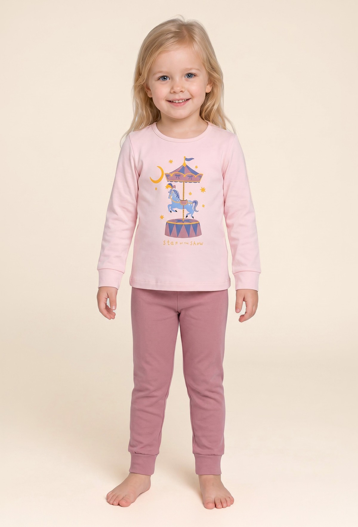 Kız Çocuk Pamuklu Bisiklet Yaka Atlı Karınca Baskılı Uzun Kollu Pijama Takımı 9263 Pembe