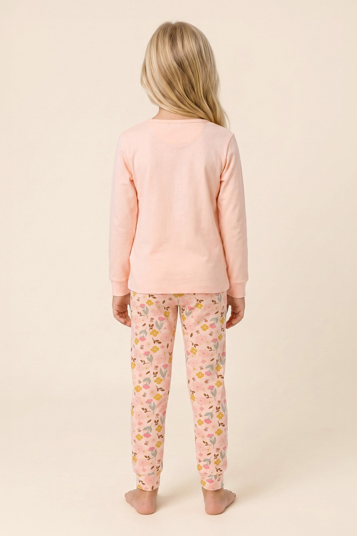 Kız Çocuk Pamuklu Bisiklet Yaka Çiçek Baskılı Uzun Kollu Pijama Takımı 9278 Pembe