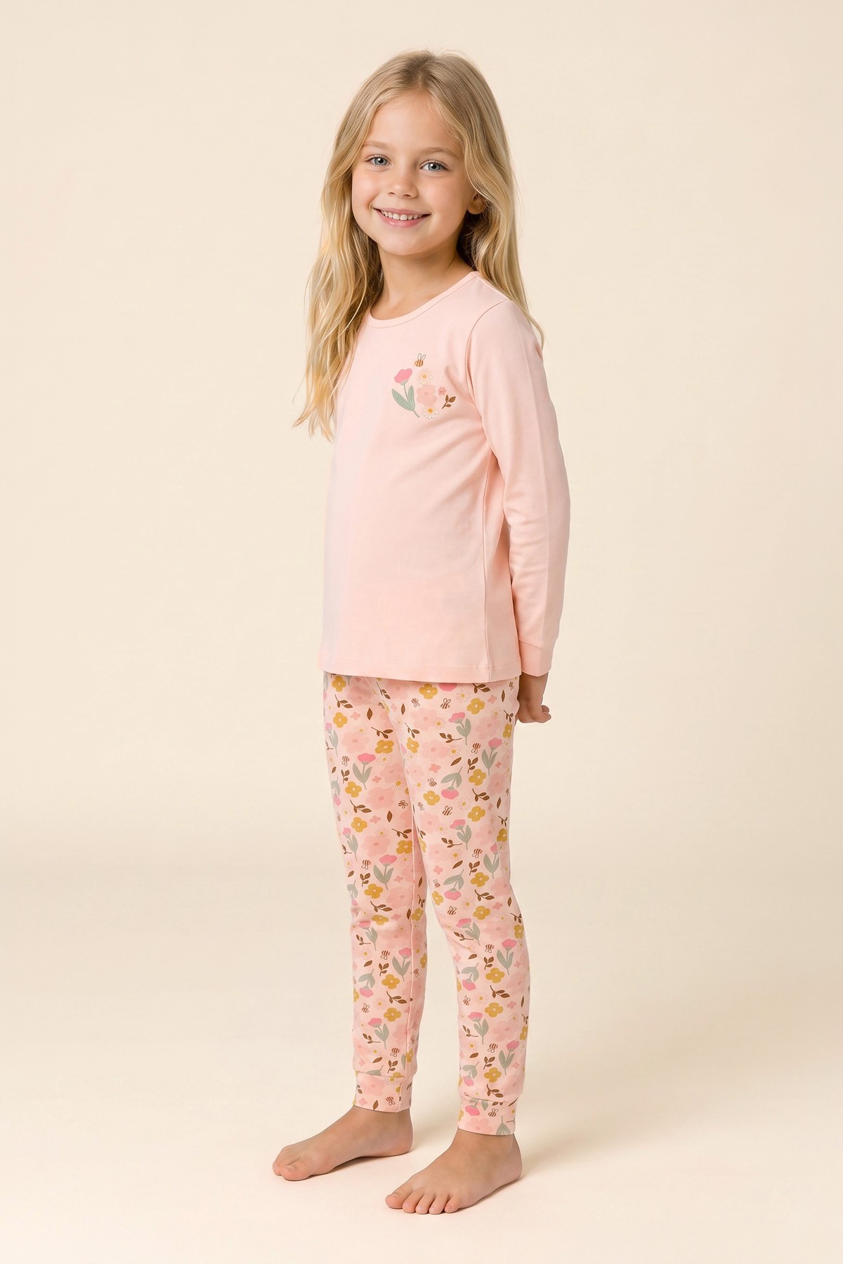 Kız Çocuk Pamuklu Bisiklet Yaka Çiçek Baskılı Uzun Kollu Pijama Takımı 9278 Pembe