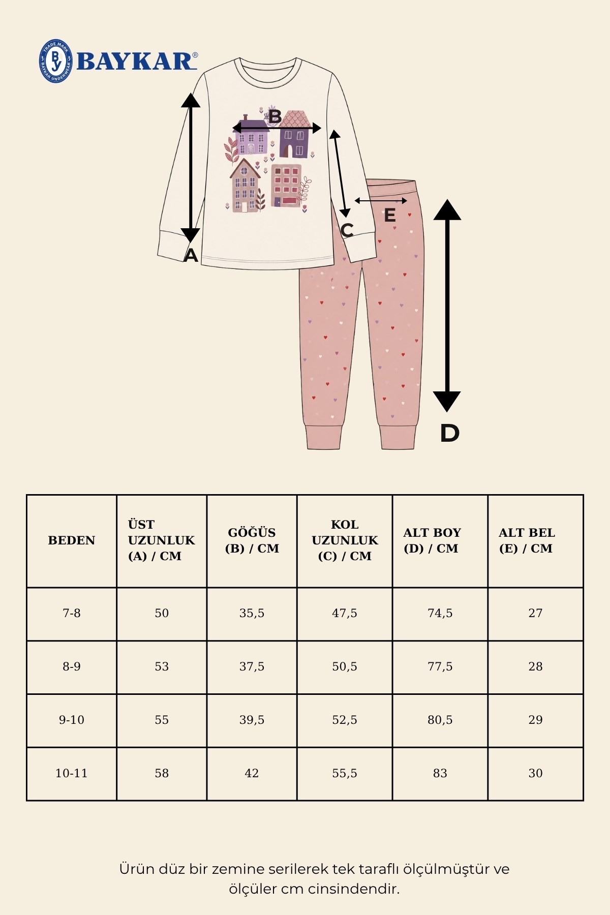 Kız Çocuk Pamuklu Bisiklet Yaka Ev ve Kalp Baskılı Uzun Kollu Pijama Takımı 9282 Pembe