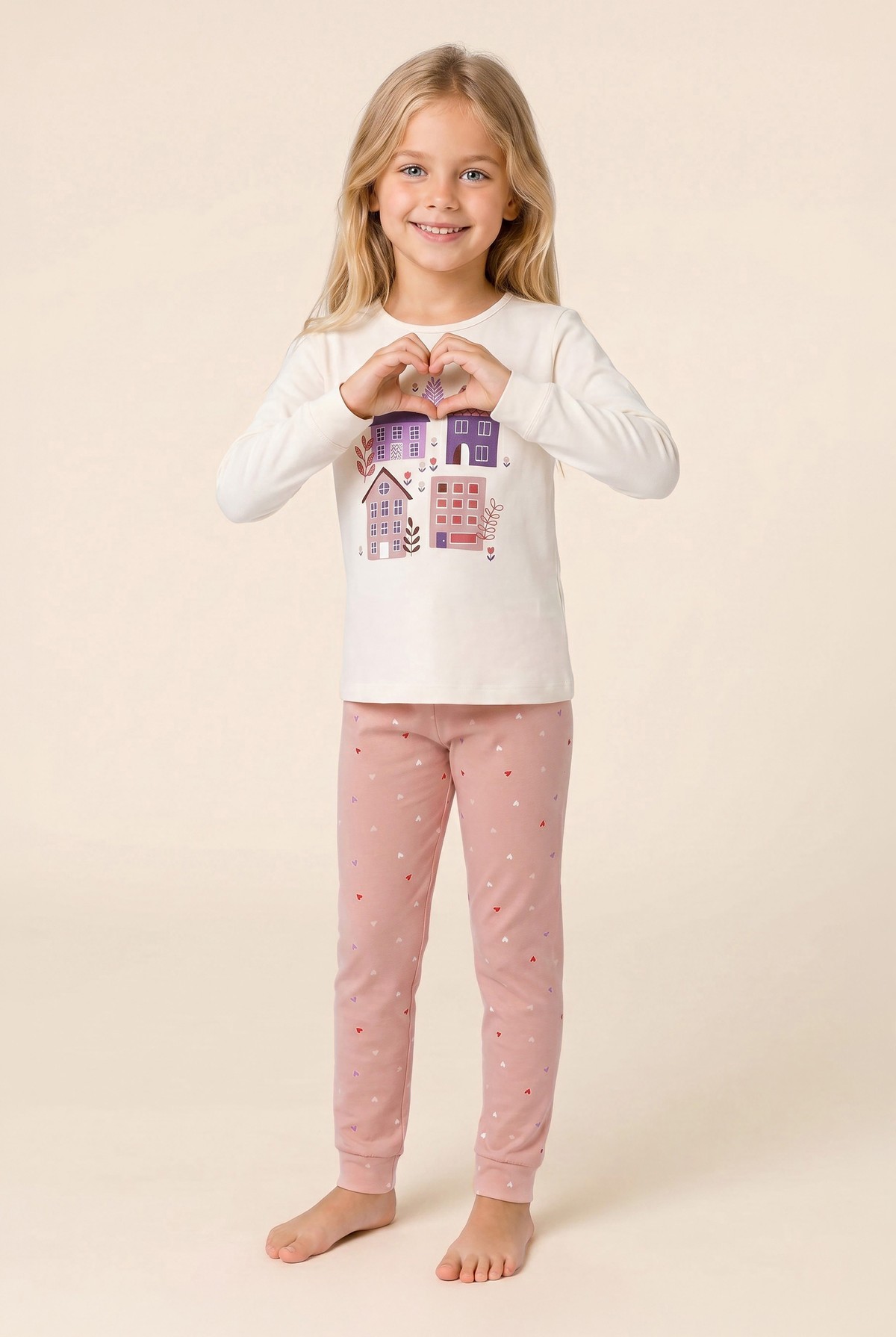 Kız Çocuk Pamuklu Bisiklet Yaka Ev ve Kalp Baskılı Uzun Kollu Pijama Takımı 9282 Pembe