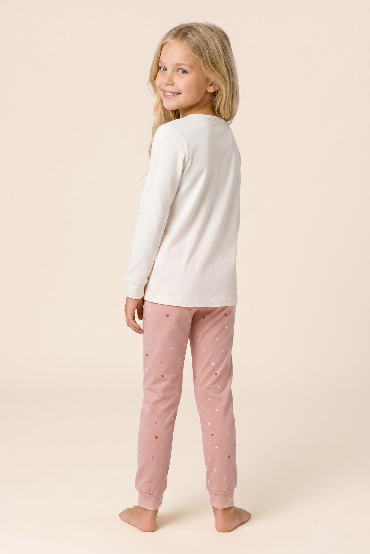 Kız Çocuk Pamuklu Bisiklet Yaka Ev ve Kalp Baskılı Uzun Kollu Pijama Takımı 9282 Pembe